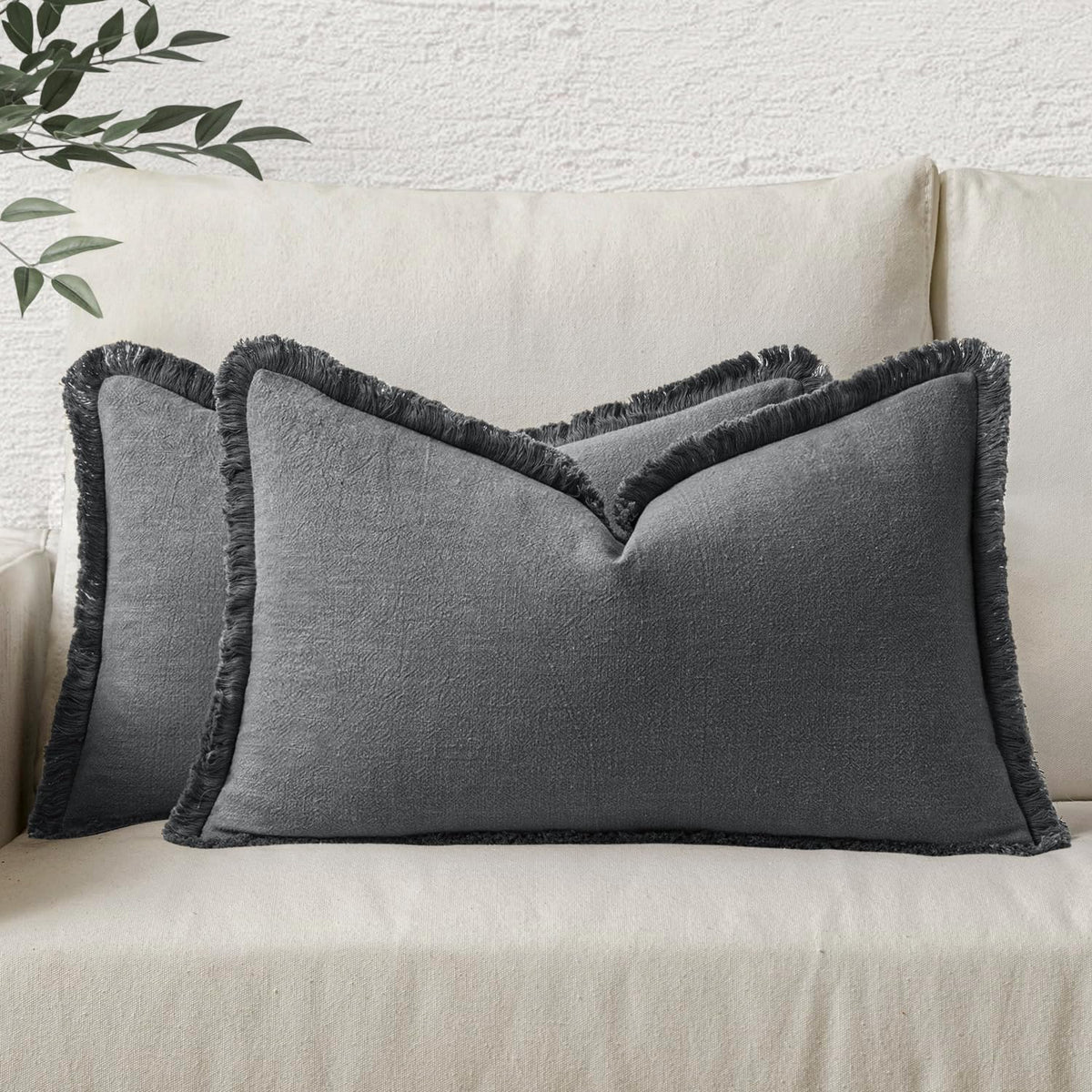 MIULEE Linen Fringe Decorative Throw Pillow Covers Natural Beige 20x20