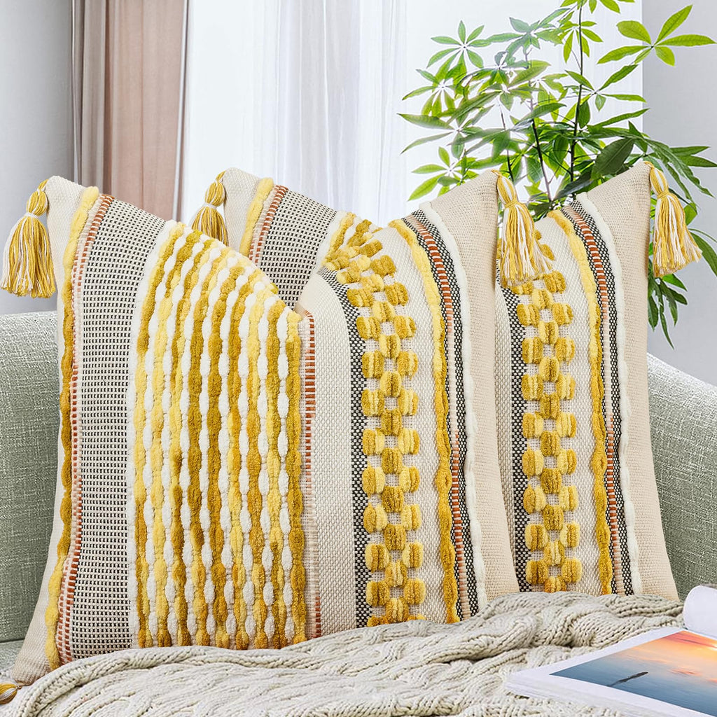 AmHoo Set of 2 Chenille Striped Textured Boho Throw Pillow Covers Aesthetic with Tassels Woven Decorative Pillow Case for Couch Bed Sofa Bedroom Modern Funky 18 x 18-Inch Brown