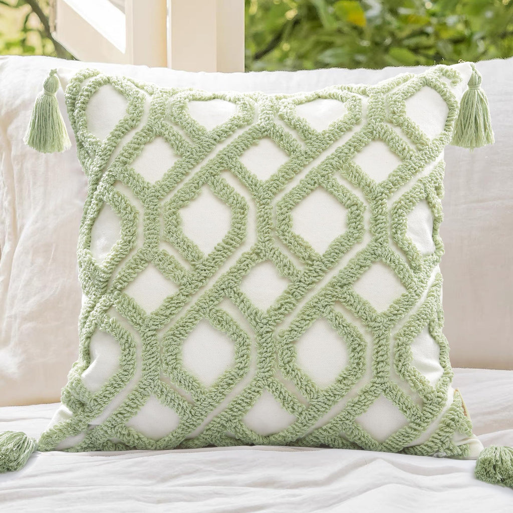 Boho Pillow Covers 18X18 Inch Boho Tufted Throw Pillow Covers Decorative Tassels Cushion Cover Farmhouse Pillow Case for Couch Sofa Bed Living Room Bedroom, Green