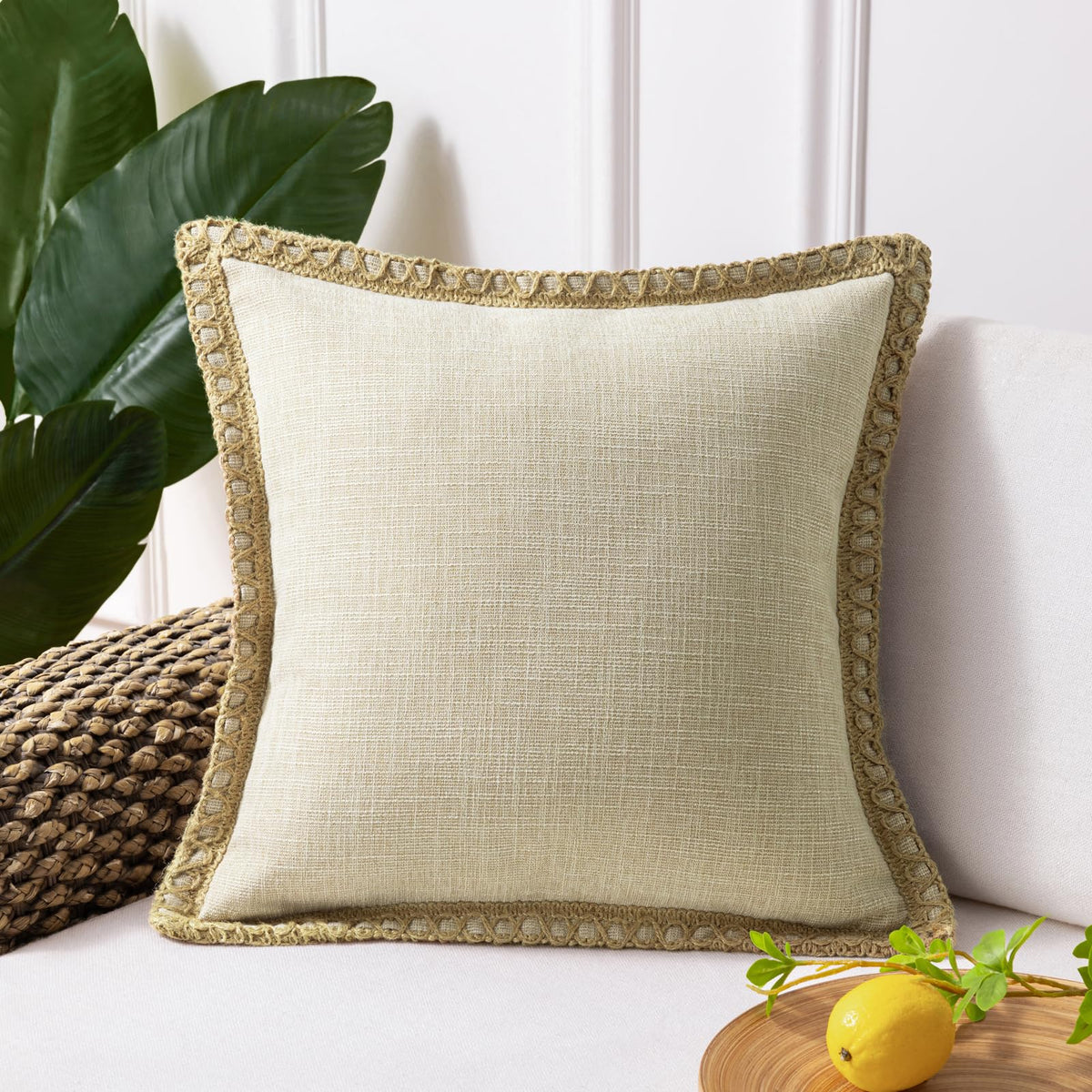 Phantoscope Pack of 2 Farmhouse Decorative Solid Throw Decorative Pillow Cover Burlap Linen Trimmed Tailored Edges Navy Blue 18 x 18 inches, 45 x 45 cm