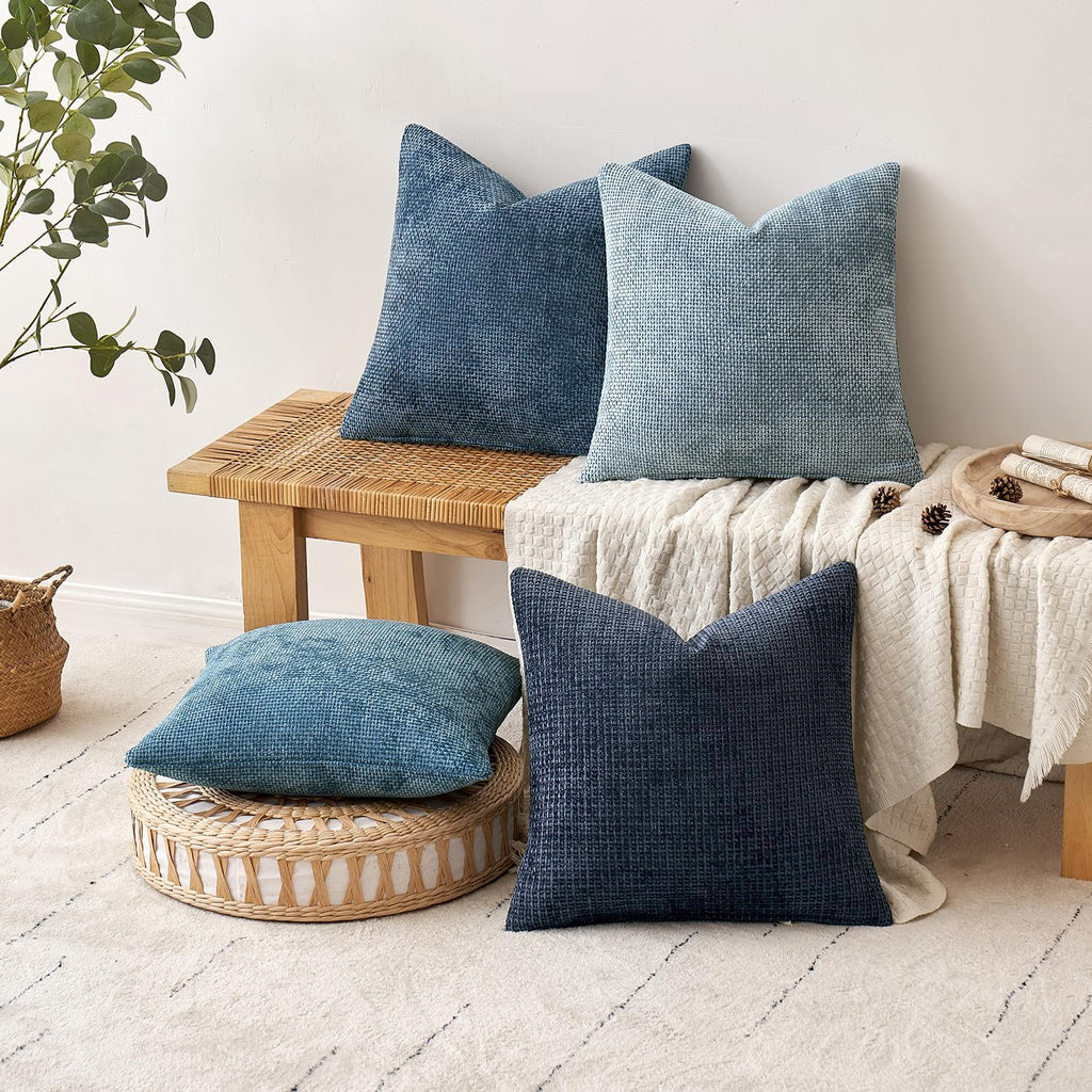 MIULEE Soft Decorative Chenille Pillow Covers Blue Series 18x18 Pack of 4