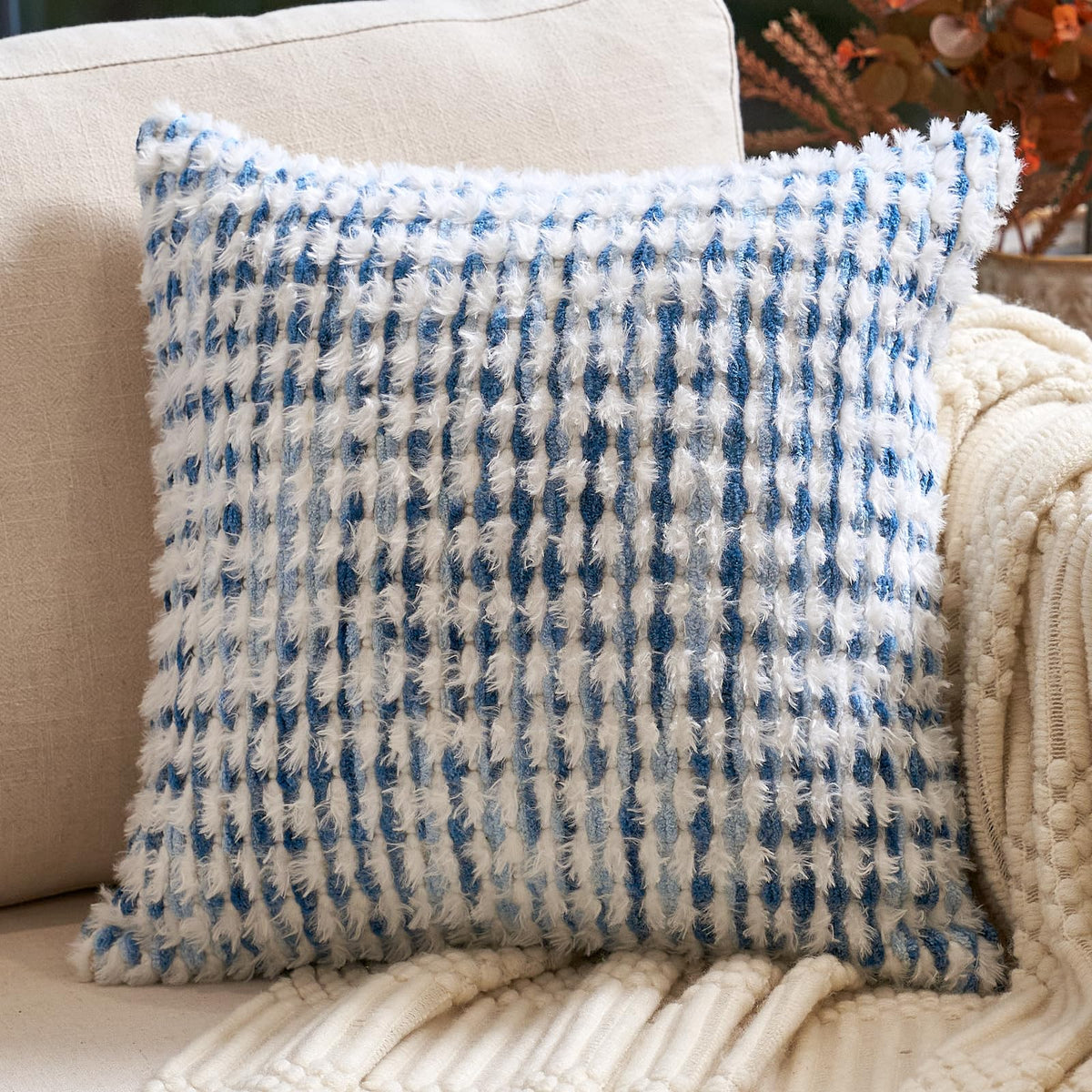 Aeckself Boho Chenille Tufted Pillow Cover 20 x 20 Inch, Decorative Square Throw Pillow Cover Neutral Pillowcase for Couch Bedroom Living Room, Orange White