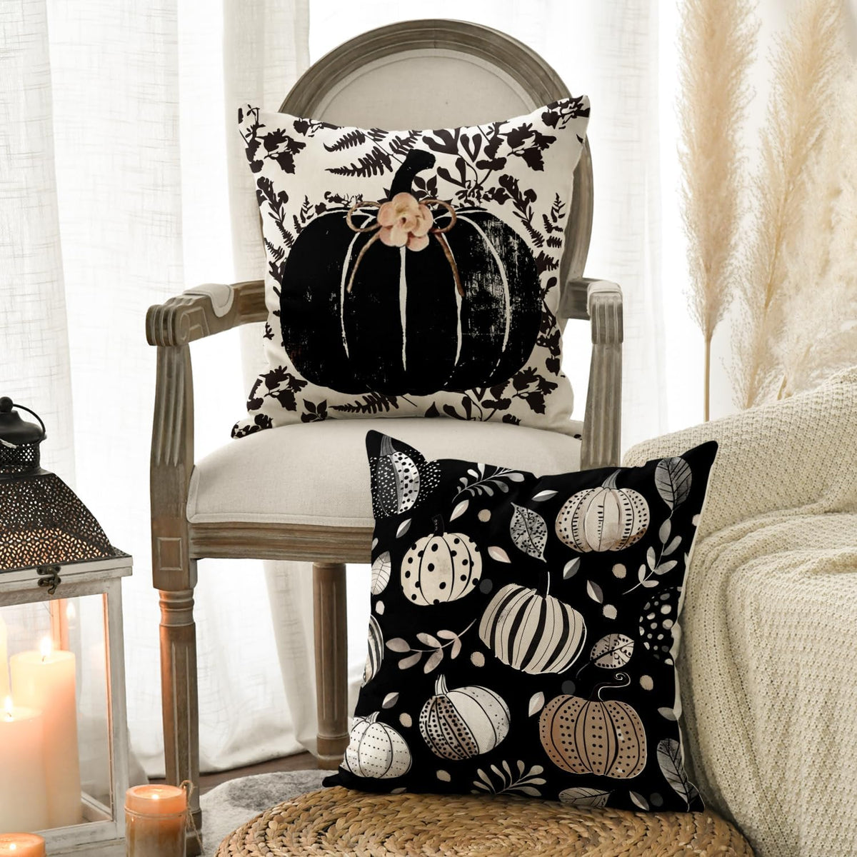 AVOIN colorlife Fall Hello Pumpkin Leaves Throw Pillow Covers, 18 x 18 Inch Autumn Thanksgiving Harvest Polka Dot Black Decorations for Sofa Couch Set of 4