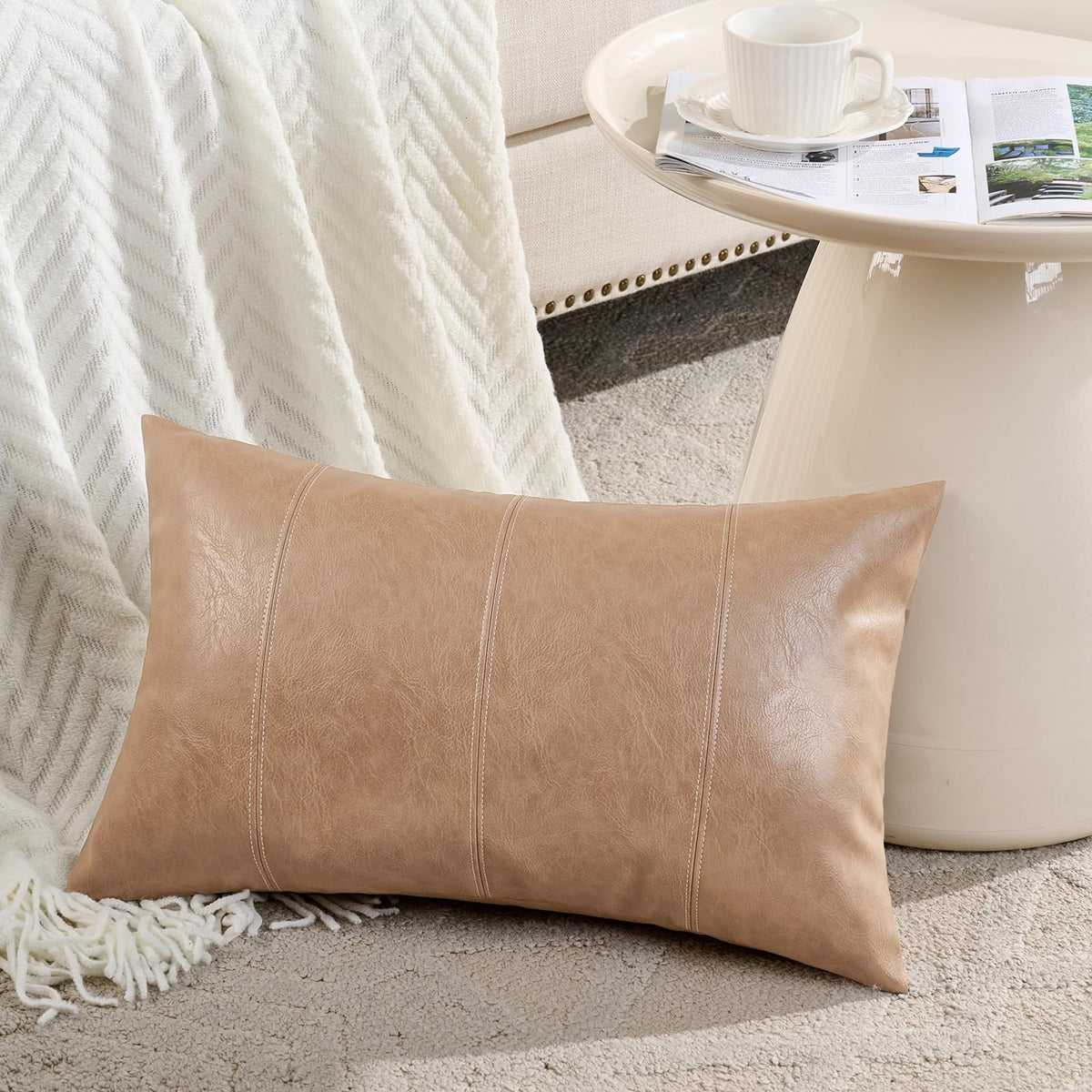 Fancy Homi Brown Boho Long Lumbar Faux Leather Body Decorative Throw Pillow Cover 14x36 Inch for Bedroom Couch Bed Sofa Bench, Hand Stitched Stylish Pillowcase, Rustic Modern Farmhouse Room Decor
