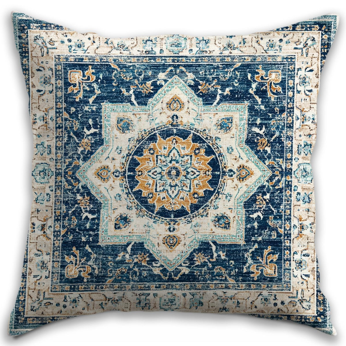 Bohemian Pillow Covers | Vintage Floral & Carpet Design | Double Sided Blue White Decorative Pillowcases for Couch, Bed | Indoor Outdoor Boho Home Decor (Blue&Brown, 18x18inches)