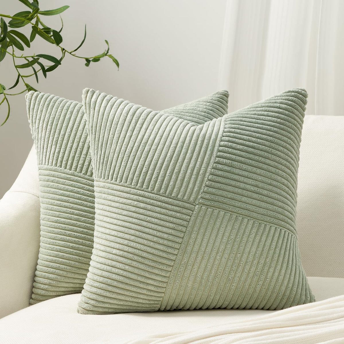 Topfinel Olive Green Decorative Throw Pillow Covers Set of 2 18x18 Inches for Couch Bed Sofa, Boho Aesthetic Home Decor, Soft Corduroy Striped Patchwork Windmill Textured Cushion Cases 45x45 cm