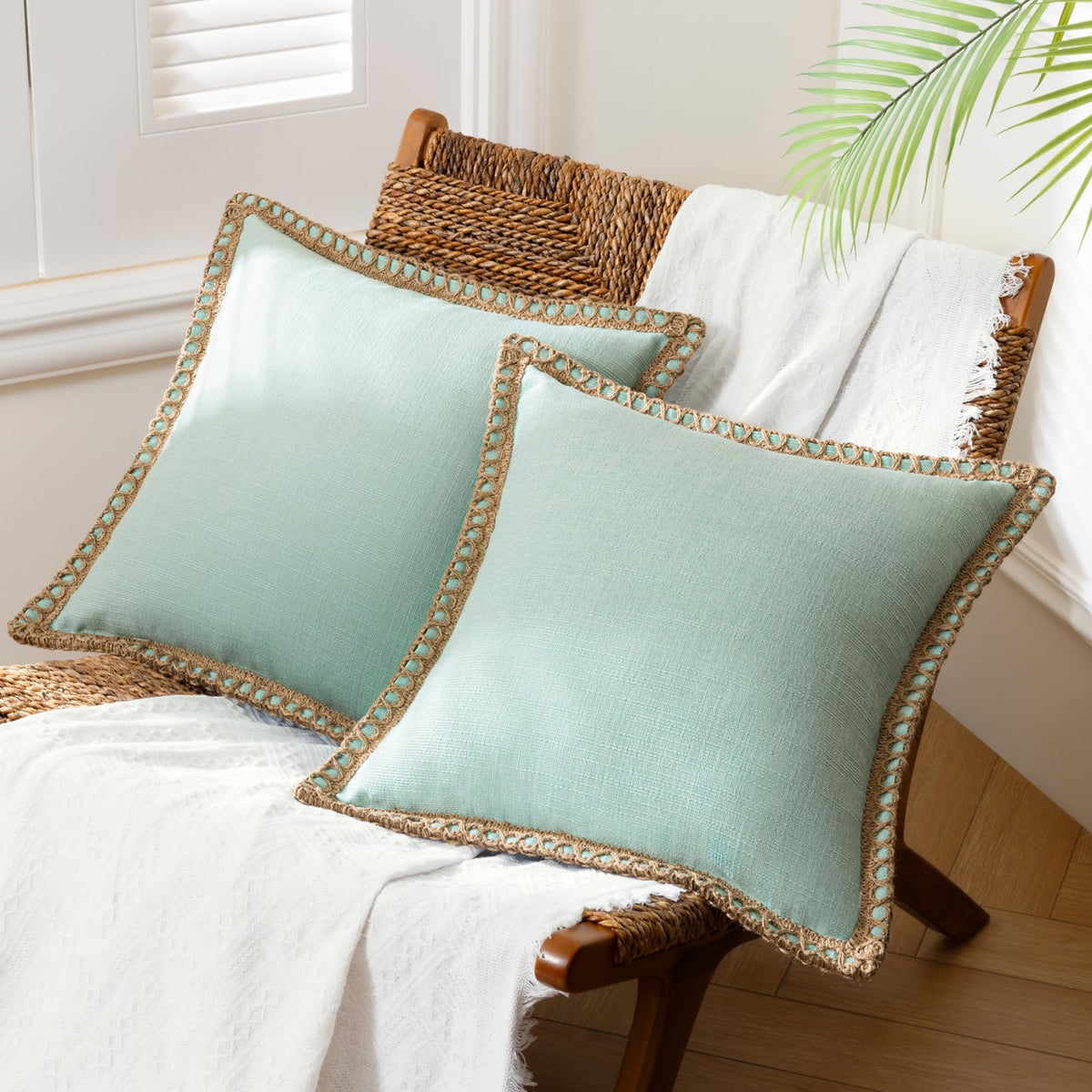 Phantoscope Pack of 2 Farmhouse Decorative Solid Throw Decorative Pillow Cover Burlap Linen Trimmed Tailored Edges Navy Blue 18 x 18 inches, 45 x 45 cm