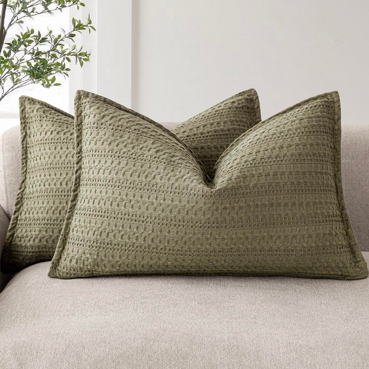 Foindtower Set of 2 Decorative Cotton Waffle Weave Textured Throw Pillow Covers Euro Sham Cushion Covers Accent European Pillowcase For Bed Couch Sofa Bedroom Living Room Home Decor 18×18 Inch Oatmeal