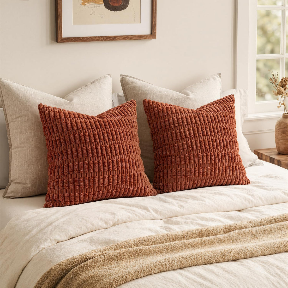 MIULEE Fall Corduroy Decorative Throw Pillow Covers 18x18 Rust Pack of 2