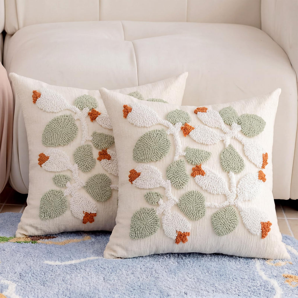 Premium Chenille Embroidered Throw Pillow Covers 18x18 Set of 2, Thick 3D Tufted Pink Floral Decorative Cushion Covers with Hidden Zipper for Couch Sofa Bed Living Room Boho Home Decor