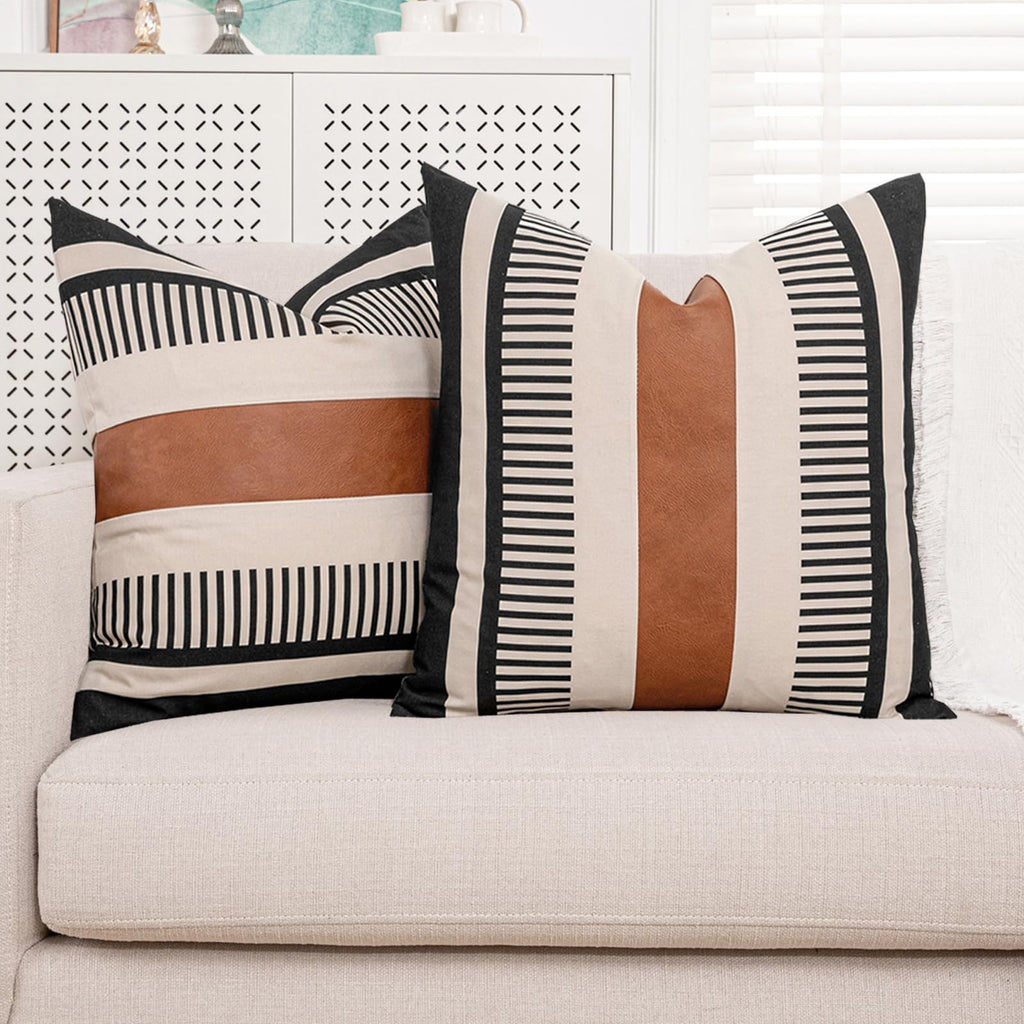 Decorative Striped Throw Pillow Cover 20x20 Inch Black White & Brown