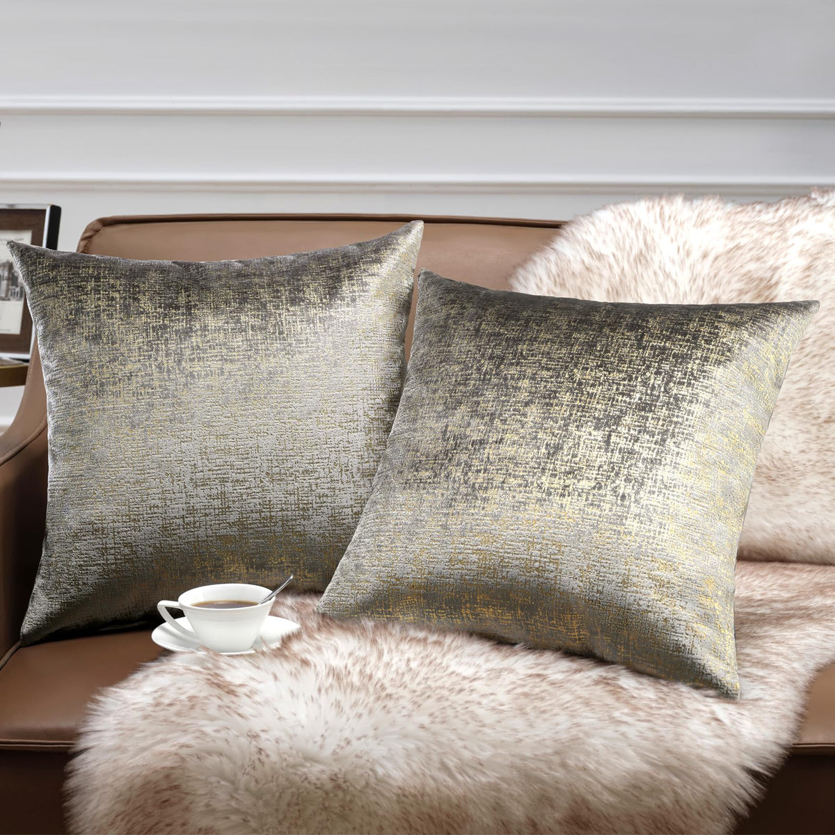 Phantoscope Pack of 2 Sparkling Velvet Geometric-pattern Throw Decorative Pillow Cover Soft Gold Glitter Square Cushion Cover Pillowcase for Couch Bed and Chair, Dark Brown, 18 x 18 inches, 45 x 45 cm