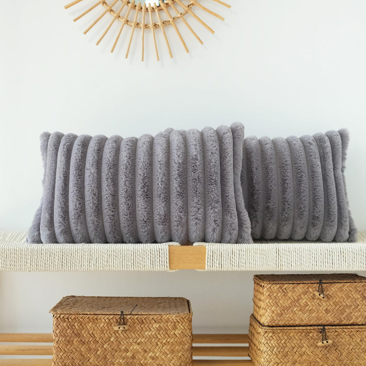 JOJUSIS Faux Fur Plush Throw Pillow Covers, Beige, 20 x 20-Inch