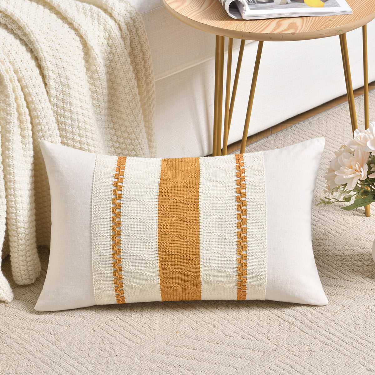 Fancy Homi Set of 1 Sage Green Boho Lumbar Decorative Throw Pillow Covers 12x20 Inch for Living Room Bedroom Couch Bed Chair, Rustic Retro Cushion Case, Bohemian Room Home Decor