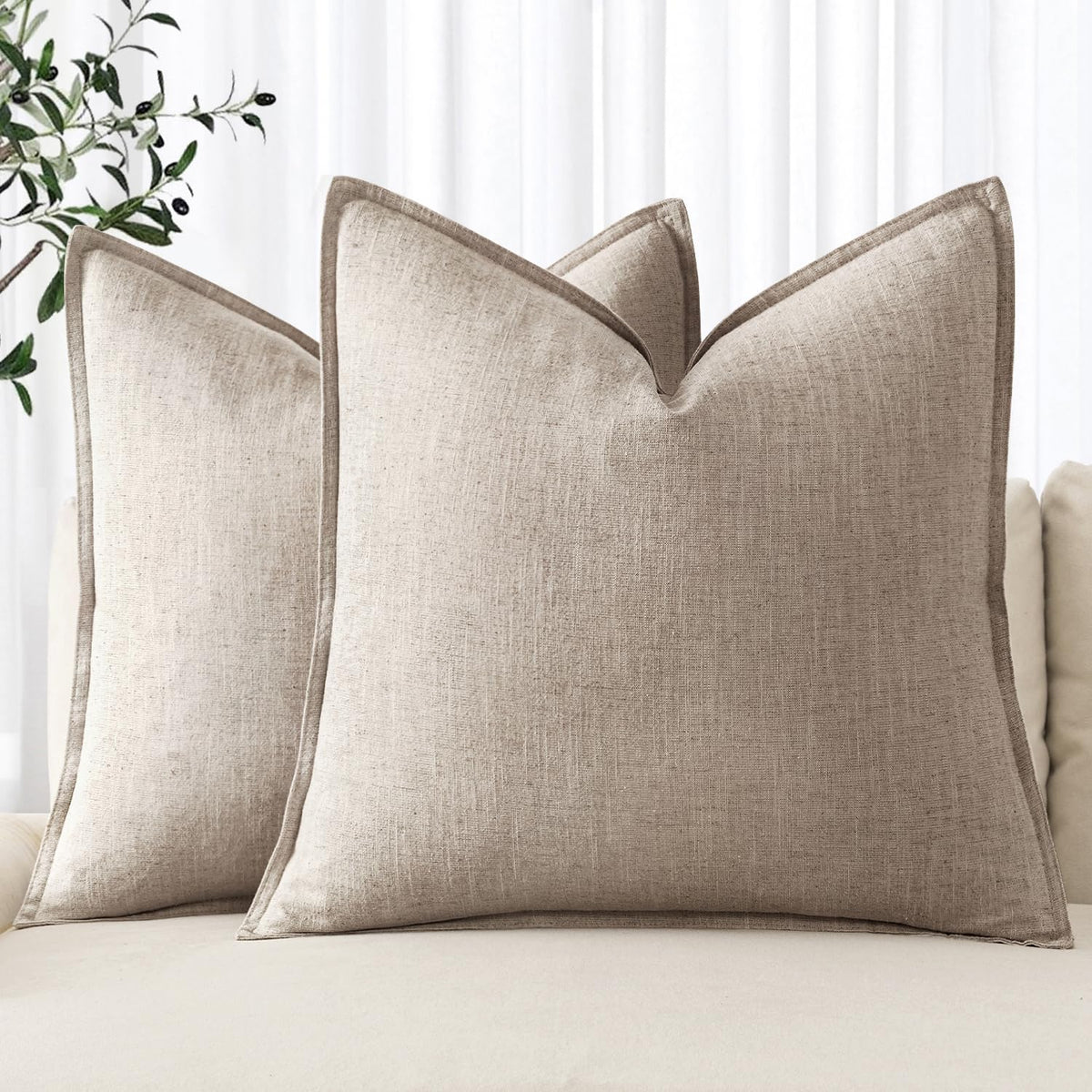 MIULEE Decorative Linen Euro Sham Pillow Covers 22x22 Inch Natural Beige