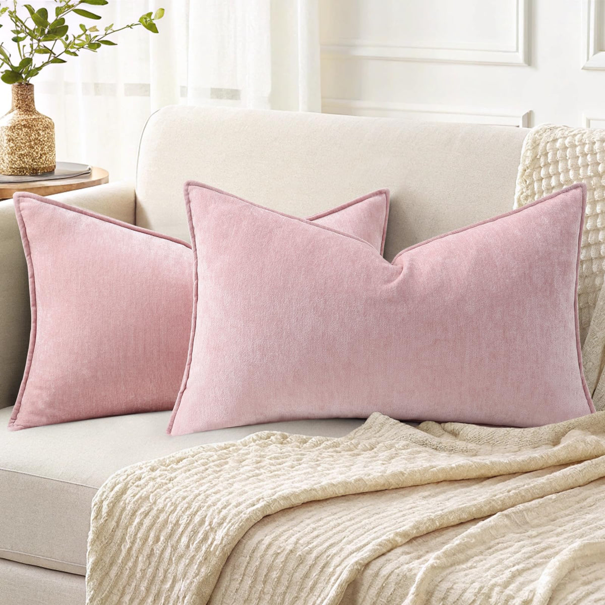 decorUhome Chenille Beige Velvet Throw Pillow Covers 18x18 Set of 2