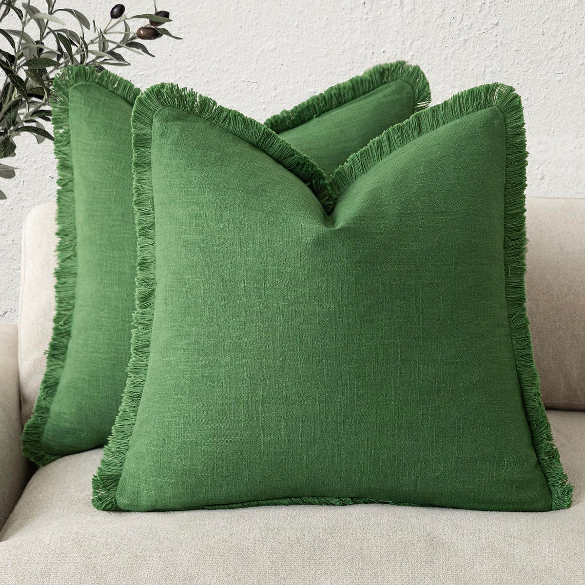 Foindtower Decorative Linen Fringe Throw Pillow Covers 20×20 Inch,Beige