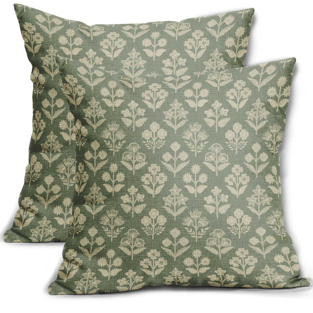 Blue Green Block Print Pillow Covers 18x18 Inch Set of 2, Vintage Floral Spring Decorative Throw Pillow Cases Boho Cushion Covers Rustic Decoration Gift Farmhouse Sofa Couch Bed Decor