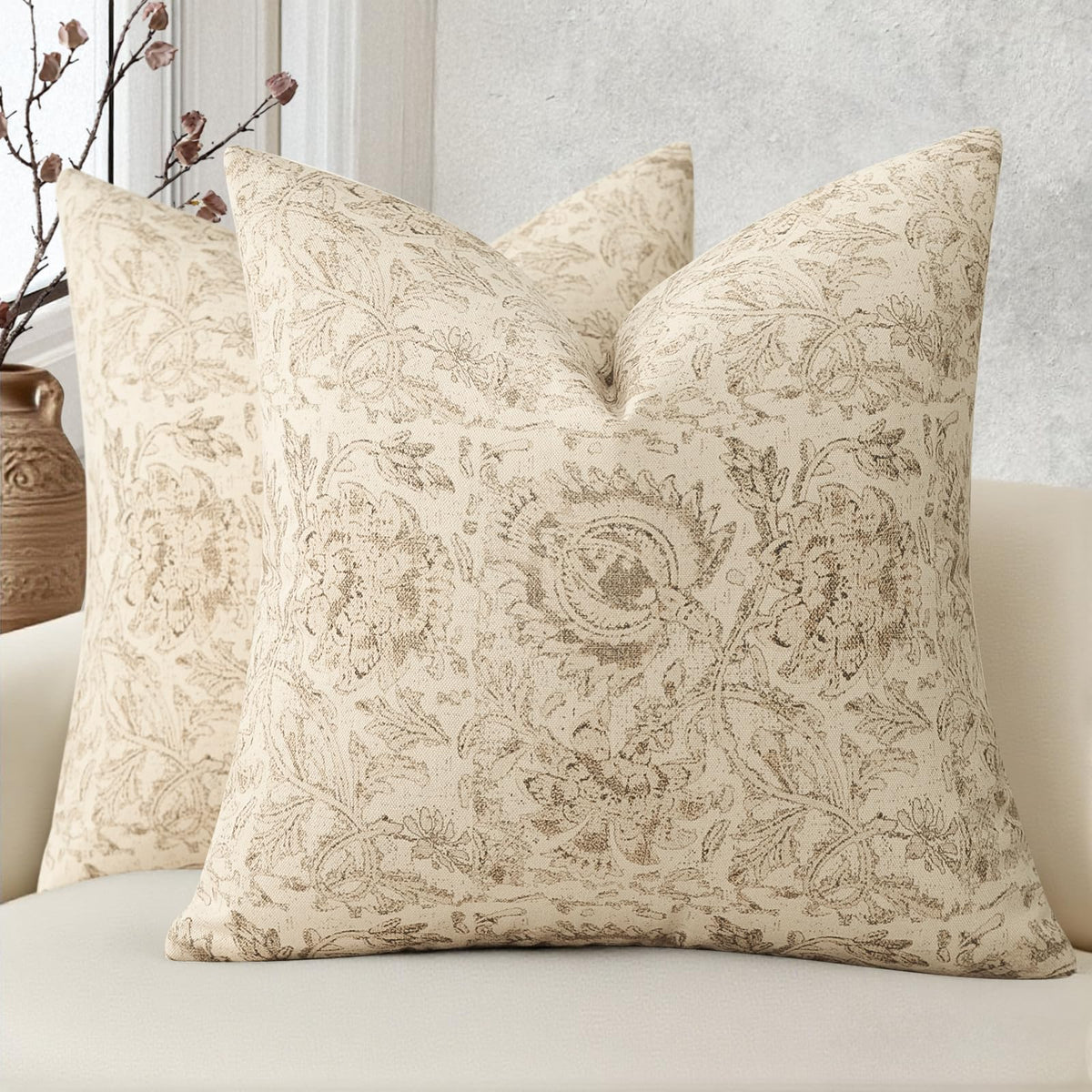 Vintage Floral Print Throw Pillow Covers 20x20 Set of 2 Neutral Modern Farmhouse Pillowcase Accent Decorative Cushion Covers Boho Home Decor for Couch Sofa Chair Bed Living Room, Olive Green