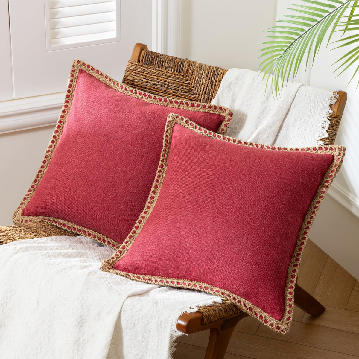 Phantoscope Pack of 2 Farmhouse Decorative Solid Throw Decorative Pillow Cover Burlap Linen Trimmed Tailored Edges Navy Blue 18 x 18 inches, 45 x 45 cm