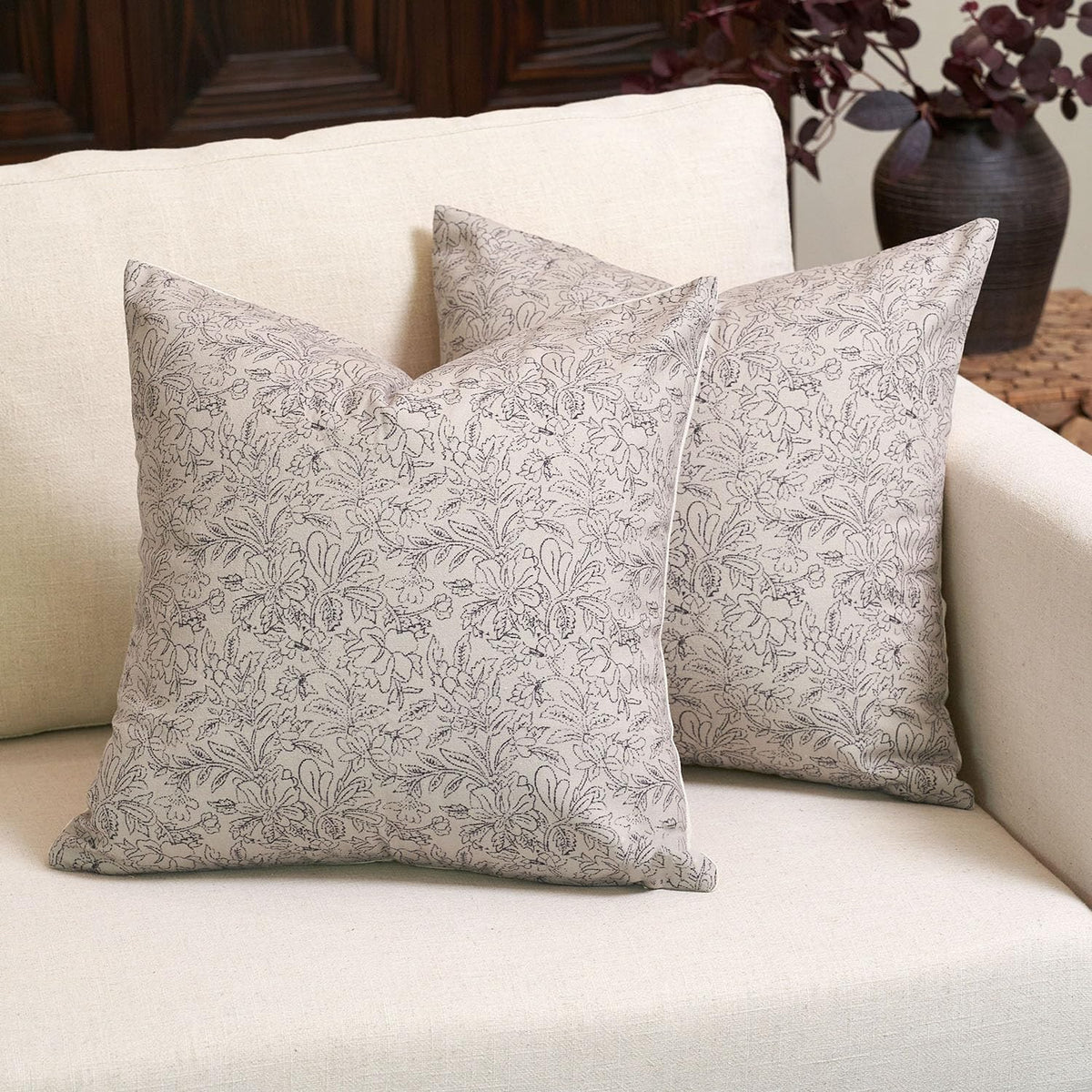 Amor Virisso Floral Throw Pillow Covers 20x20 Set of 2 Vintage Block Print Pillow Covers Decorative Pillow Covers Couch Pillows for Living Room Farmhouse Accent Sofa Pillows, Red/Sand