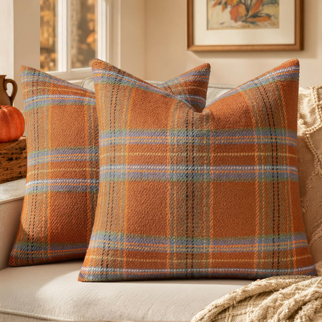 MIULEE Fall Plaid Decorative Pillow Covers Set of 2 20x20 Brown