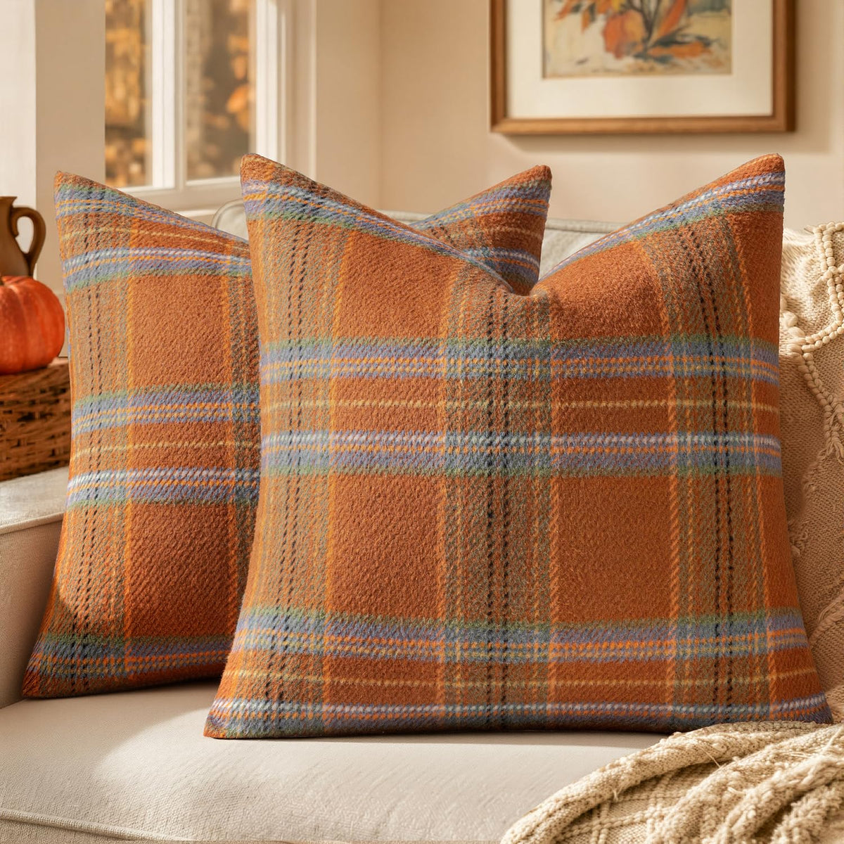 MIULEE Fall Plaid Decorative Pillow Covers Set of 2 20x20 Brown