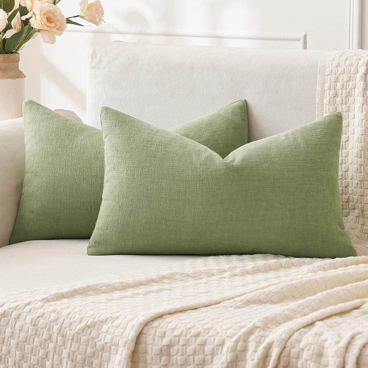 MIULEE Olive Green Chenille Couch Throw Pillow Covers, 18x18