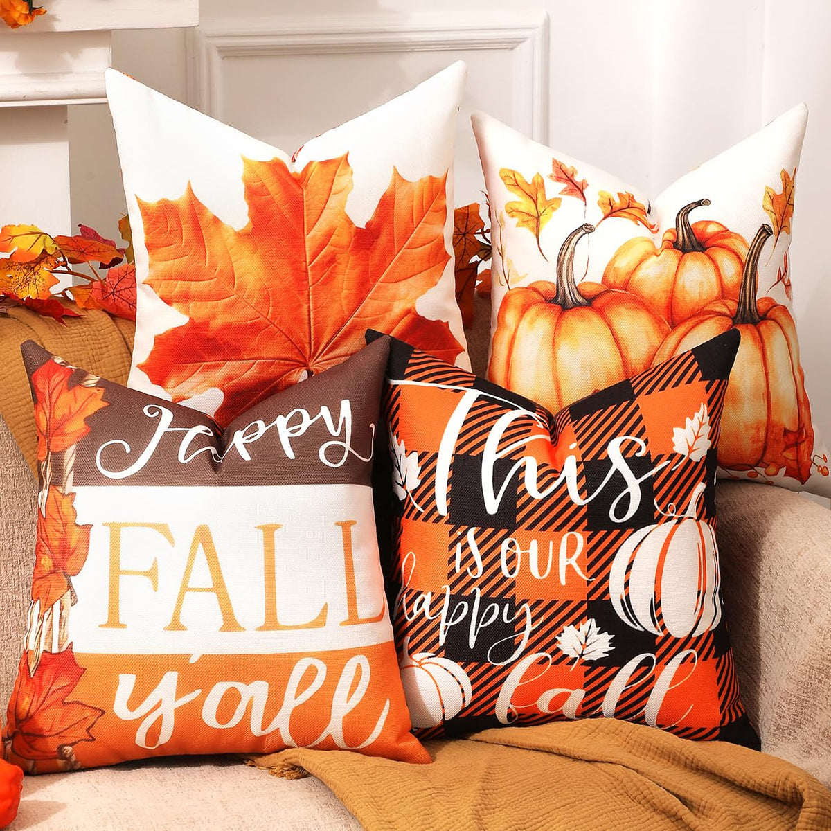 TOYPOPOR Fall Pillow Covers 18x18 4Pcs Double‑Sided Print Autumn Home Decor