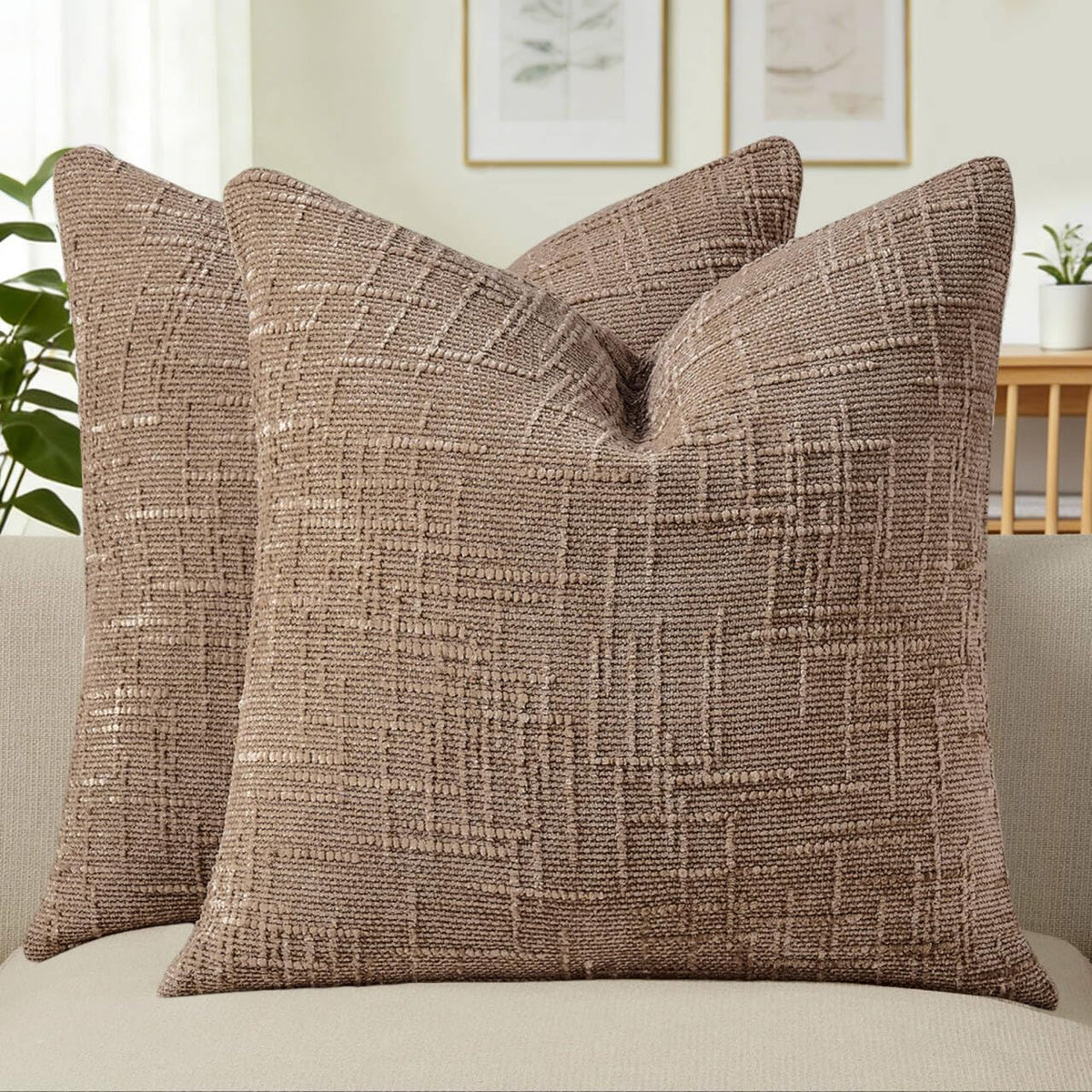Allorry Decorative Couch Throw Pillow Covers 18x18 Set of 2 Camel Soft Chenille Pillow Covers Neutral Textured Boho Cushion Covers for Modern Farmhouse Sofa Bedroom Living Room Decor SY008-D18
