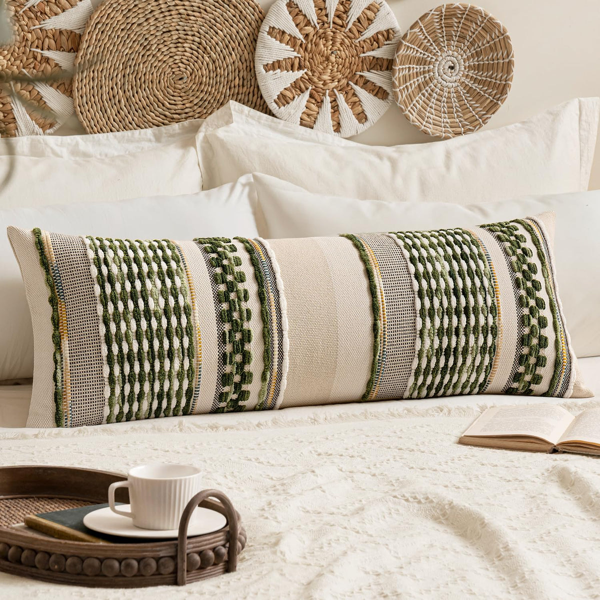 ANRODUO Boho Decorative Pillow Covers Olive Green Stripe 18x18 Pack of 2