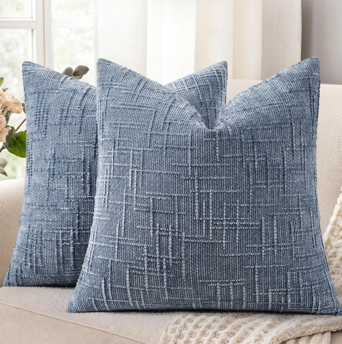 decorUhome Textured Chenille Throw Pillow Covers 18x18 Set of 2 Cream White
