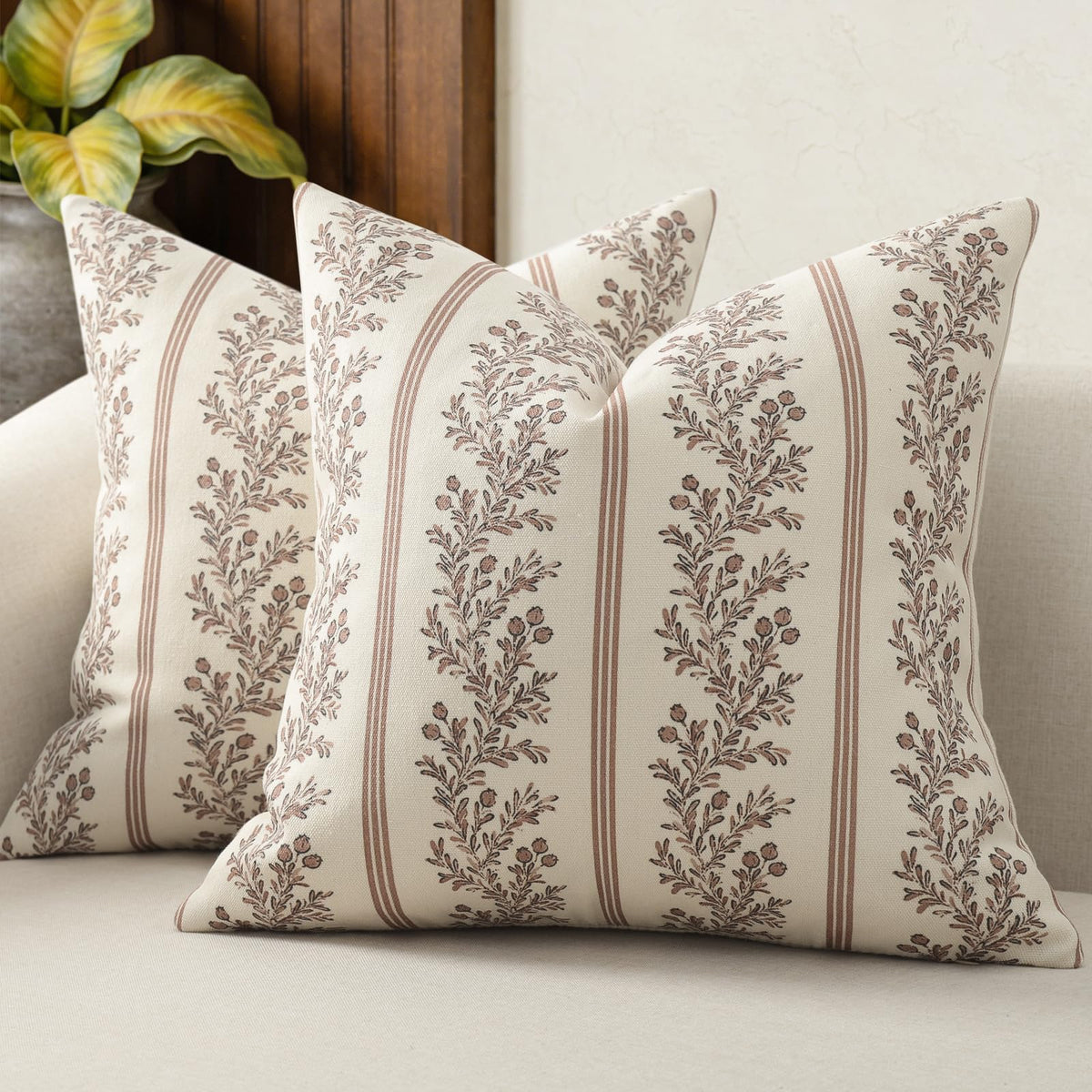 Vintage Throw Pillow Covers 18x18 Set of 2, Striped Floral Pillow Cover Botanical Patterned Decorative Cushion Covers Modern Farmhouse Home Decor for Sofa Couch Bed Living Room, Light Brown