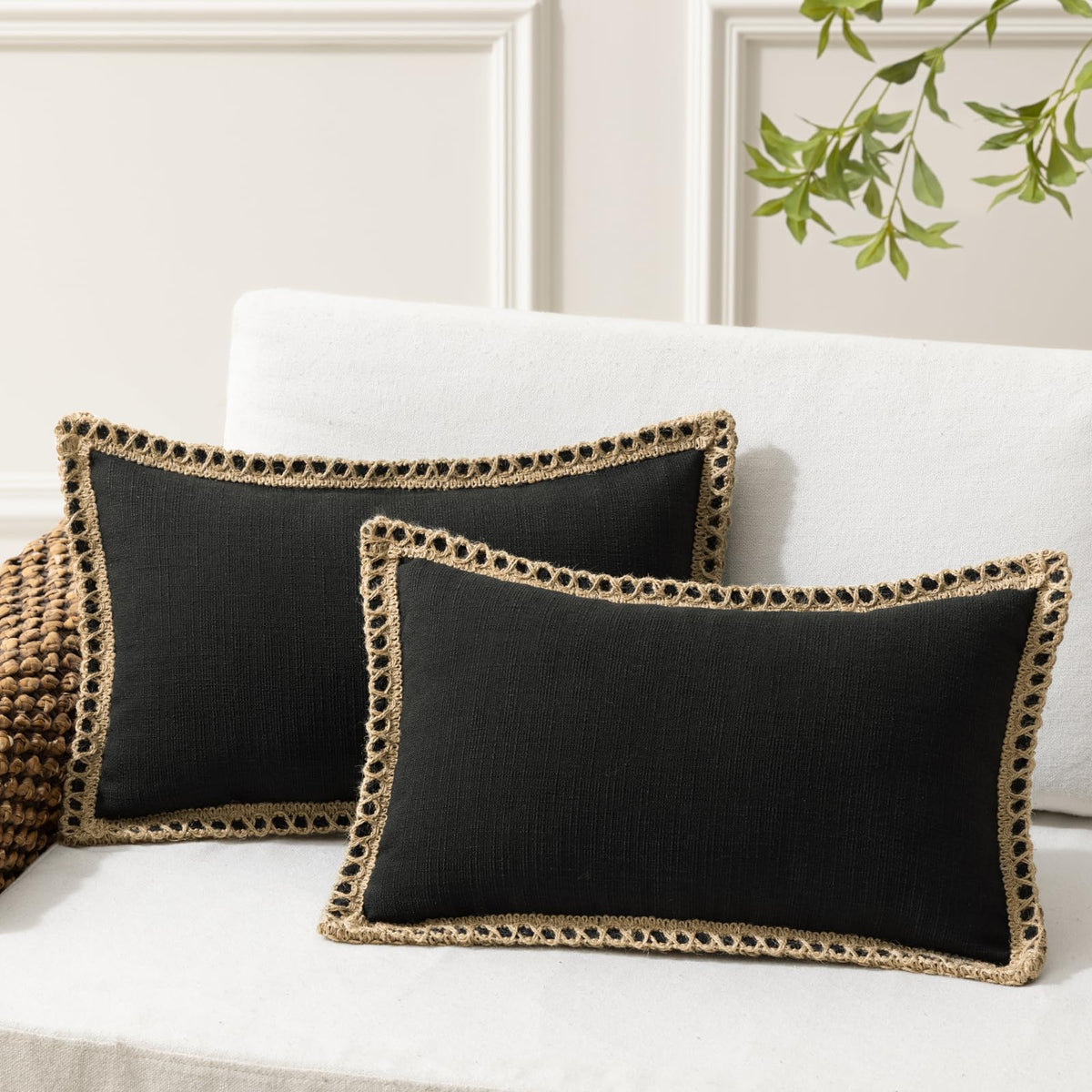 Phantoscope Pack of 2 Farmhouse Decorative Solid Throw Decorative Pillow Cover Burlap Linen Trimmed Tailored Edges Navy Blue 18 x 18 inches, 45 x 45 cm