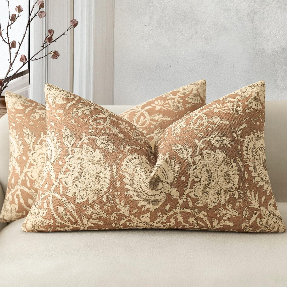 Vintage Floral Print Throw Pillow Covers 20x20 Set of 2 Neutral Modern Farmhouse Pillowcase Accent Decorative Cushion Covers Boho Home Decor for Couch Sofa Chair Bed Living Room, Olive Green