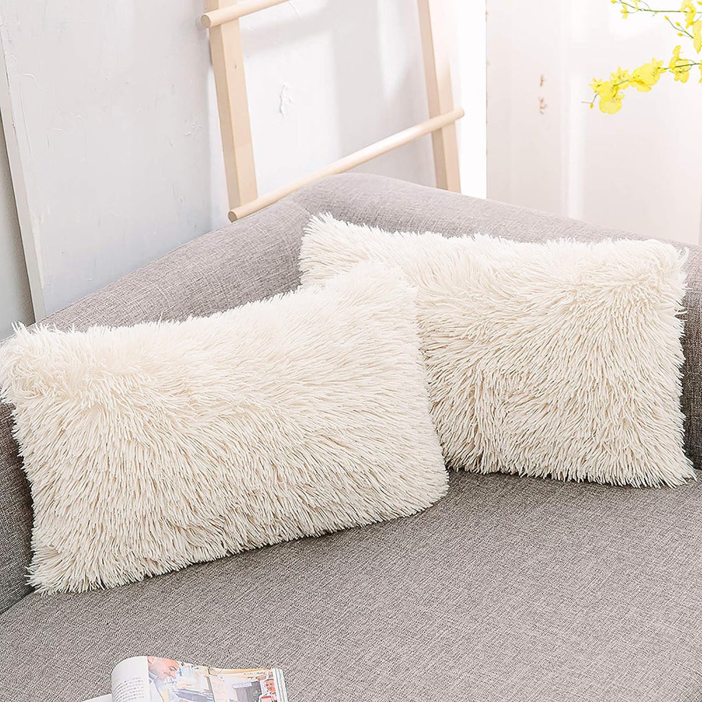NordECO HOME Luxury Soft Faux Fur Fleece Cushion Cover Pillowcase Spring Decorative Throw Pillows Covers, No Pillow Insert, 18" x 18" Inch, White, 2 Pack