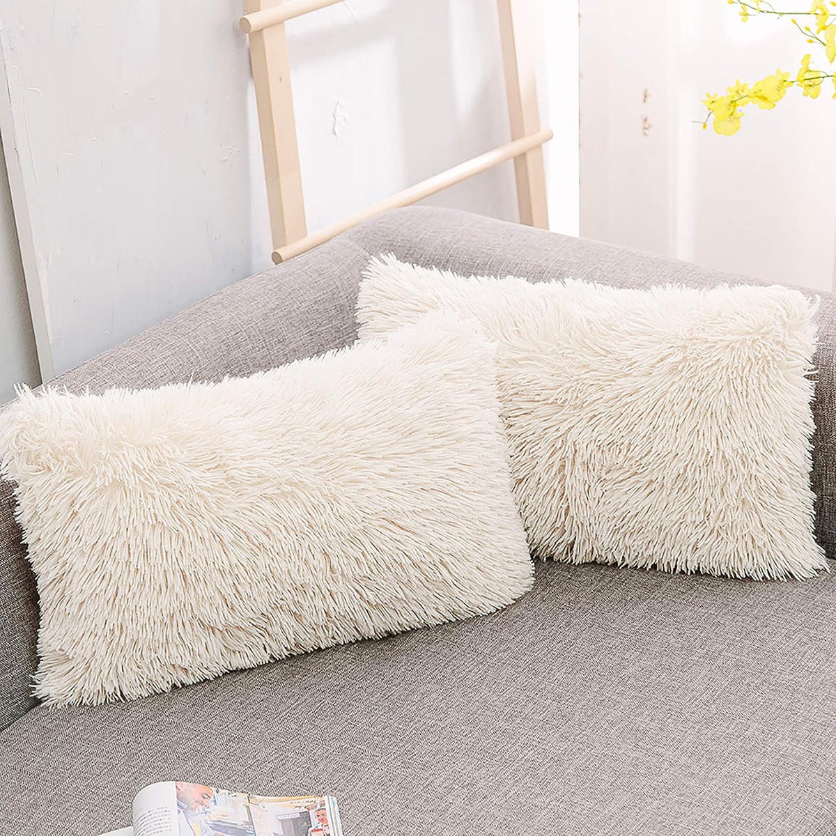 NordECO HOME Luxury Soft Faux Fur Fleece Cushion Cover Pillowcase Spring Decorative Throw Pillows Covers, No Pillow Insert, 18" x 18" Inch, White, 2 Pack
