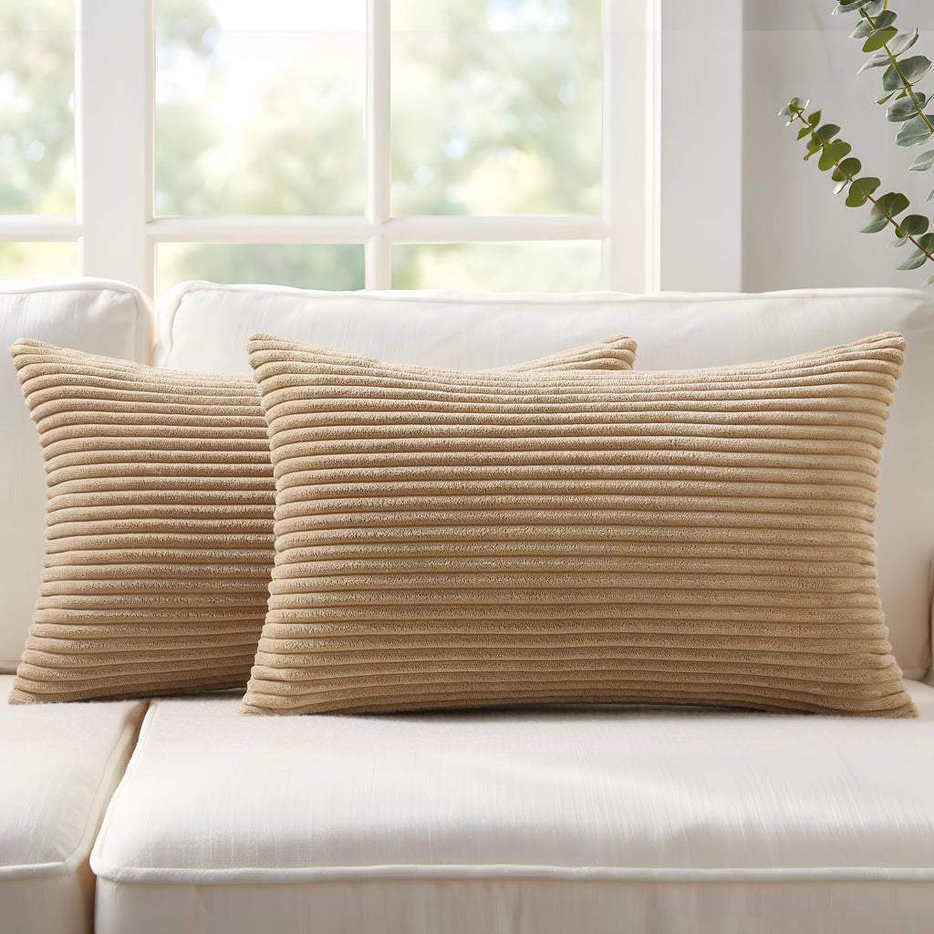 Mecatny Corduroy Fall Decorative Throw Pillow Covers 18x18 Set of 2 Khaki