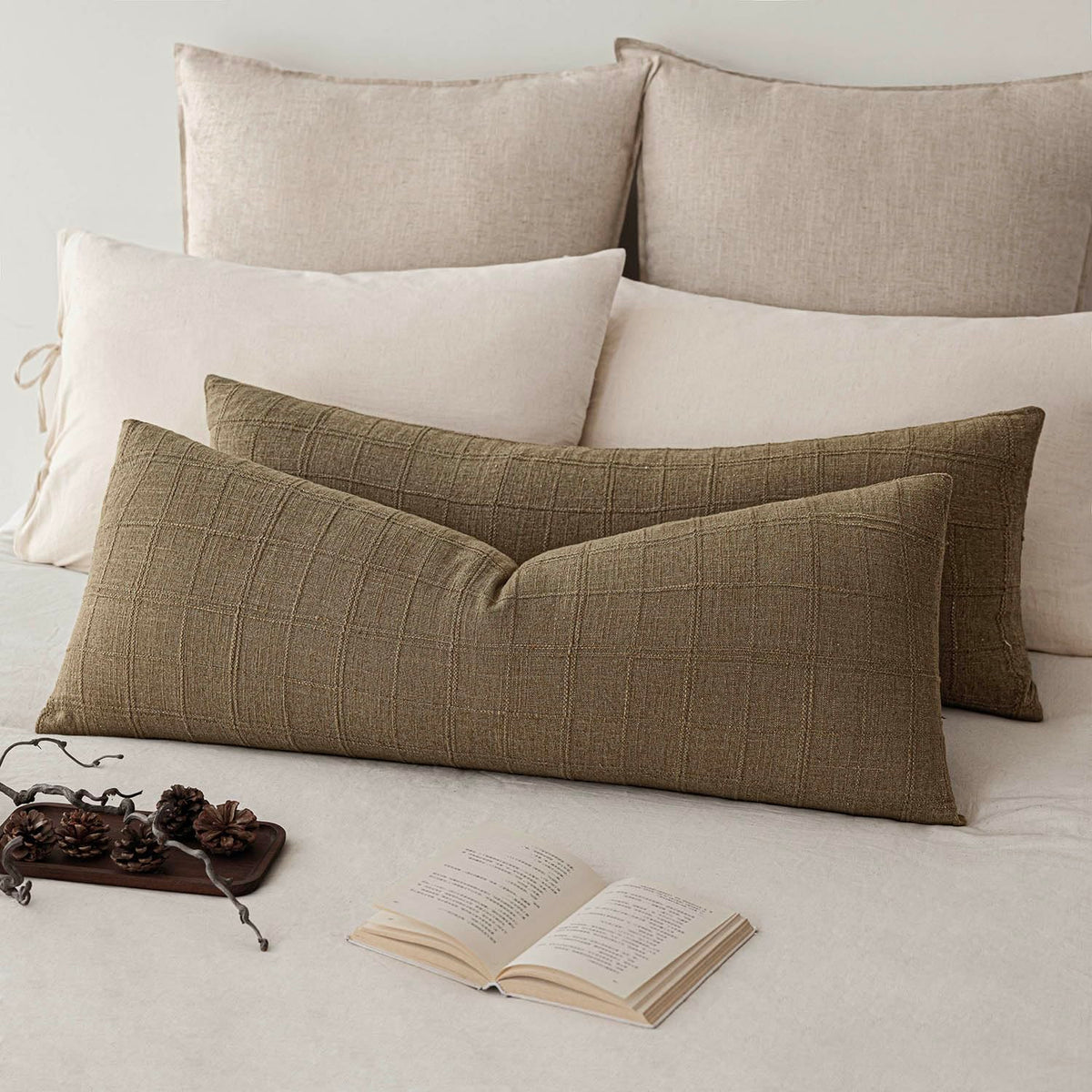 Foindtower Boho Linen Check Decorative Throw Pillow Cover 20×20 Olive Green