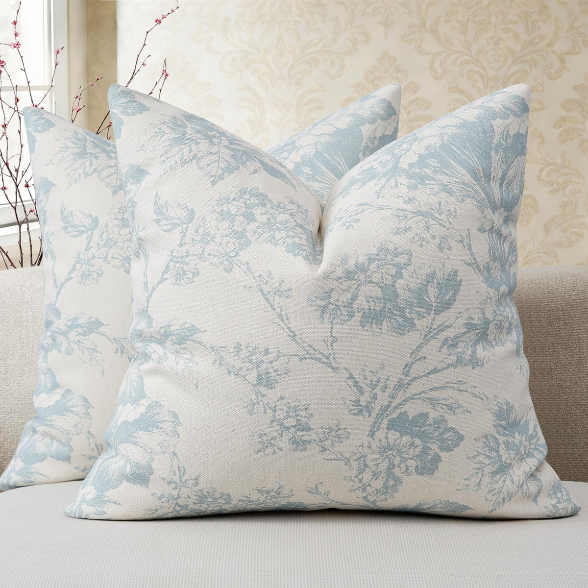 Buenohuas Farmhouse Decorative Pillow Covers 18x18 Set of 2, Vintage Botanical Floral Patterned Cushion Covers for Sofa Couch Chair Bed Living Room Home Decor Accents, Olive Green