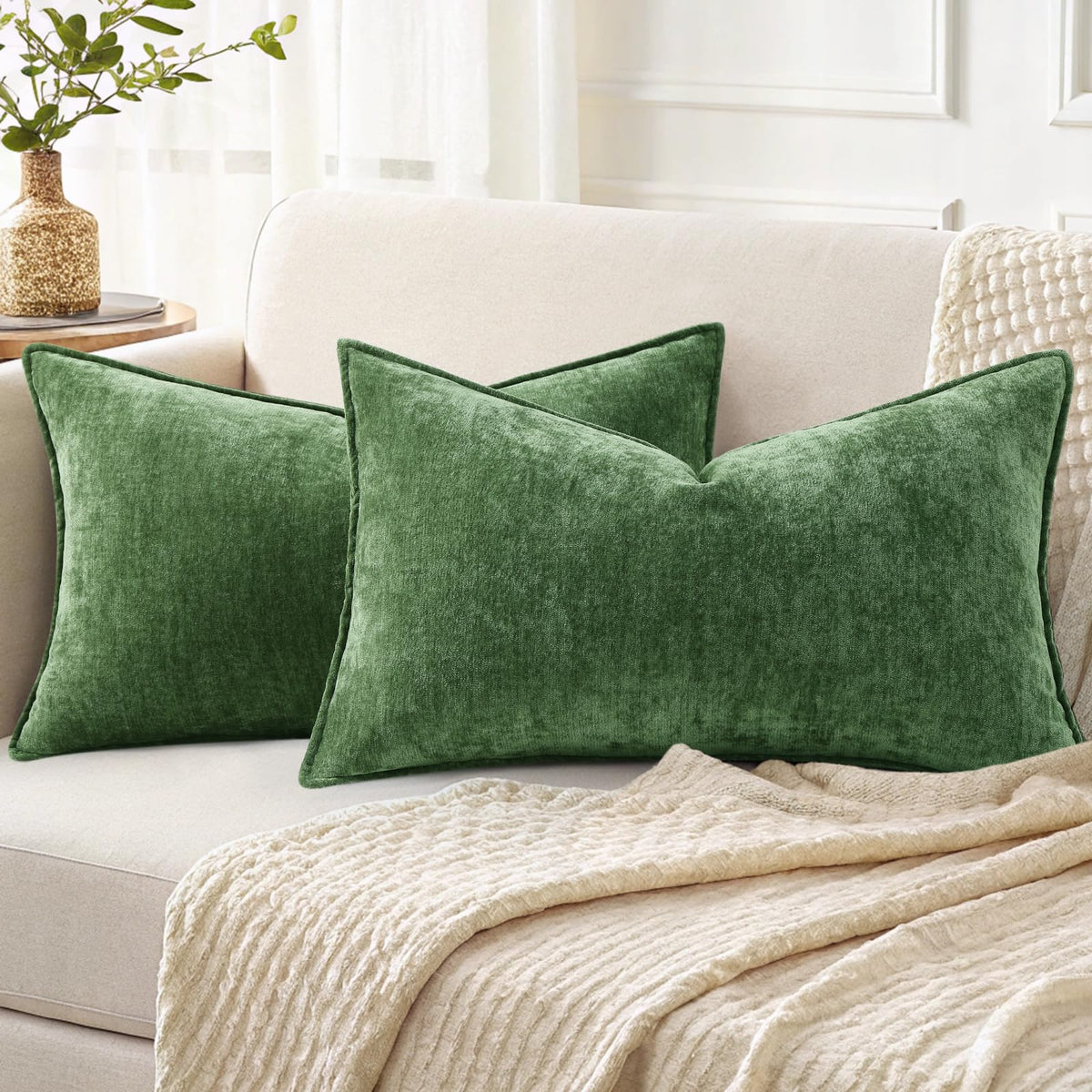 decorUhome Chenille Beige Velvet Throw Pillow Covers 18x18 Set of 2