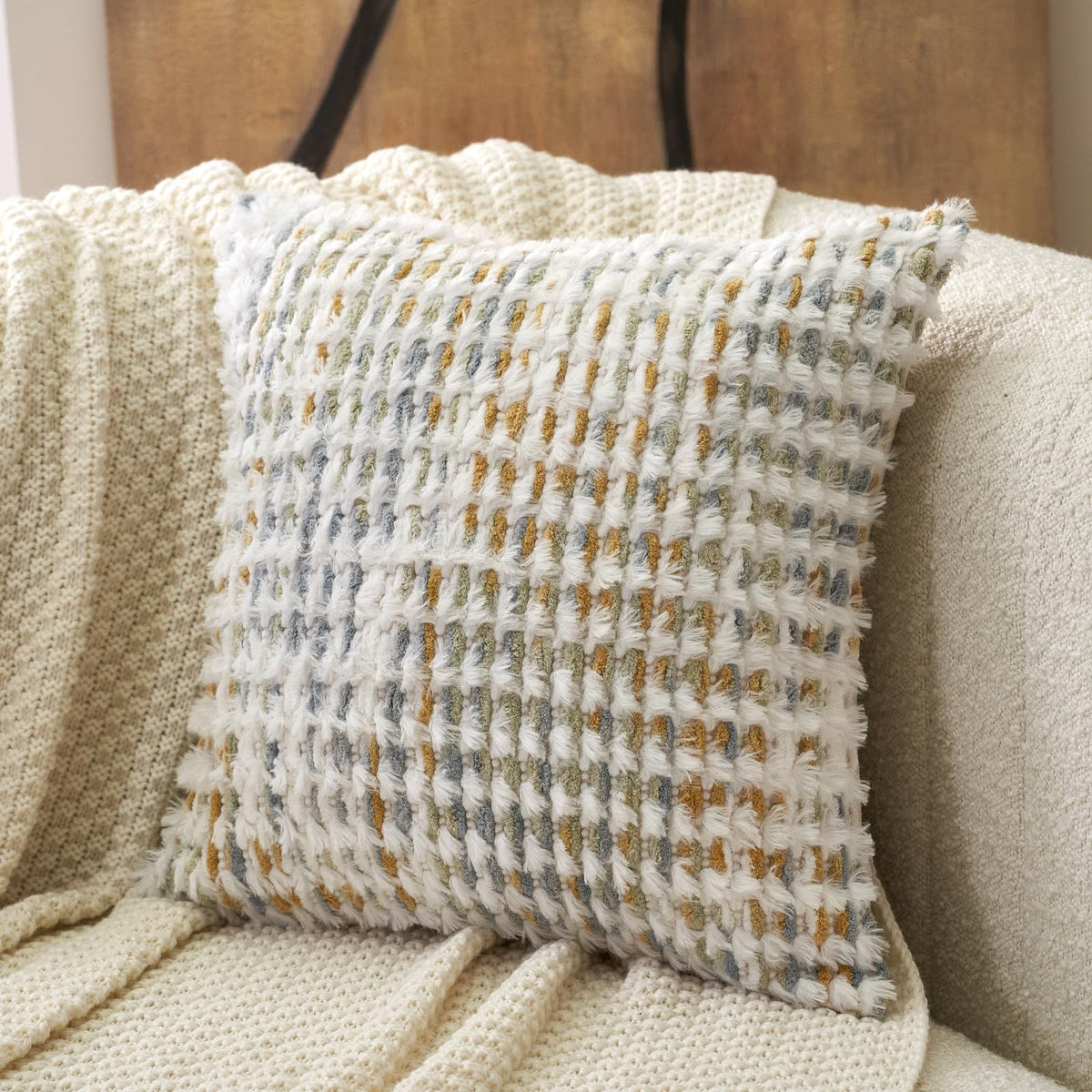 Aeckself Boho Chenille Tufted Pillow Cover 20 x 20 Inch, Decorative Square Throw Pillow Cover Neutral Pillowcase for Couch Bedroom Living Room, Orange White