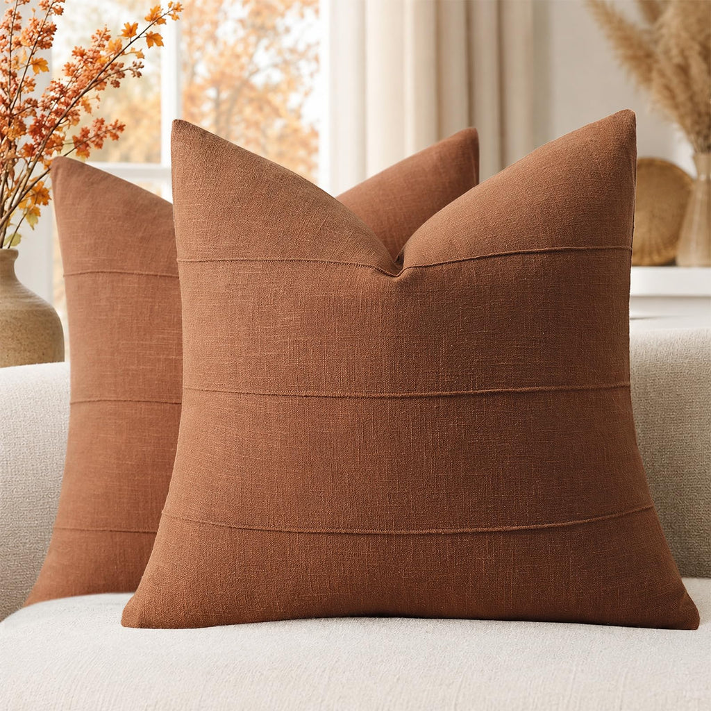 Decorative Linen Throw Pillow Covers 18x18 Set of 2 Solid handcrafted Striped Cushion Covers for Bed Soft Modern Farmhouse Neutral Pillowcase for Couch Bedroom Living Room Home Decor(Natural Beige)