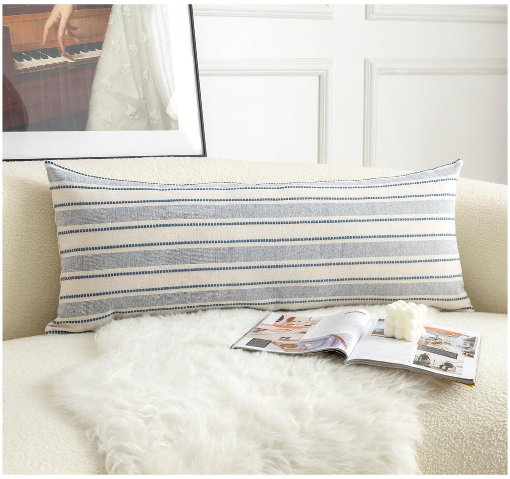 Cethom Decorative Boho Throw Pillow Covers, Farmhouse Textured Pillow Case, 20 x 20 Inch Set of 2, Chair Sofa Bedroom Living Room Home Decor Couch Cushion Case, Classic Blue and Beige Striped