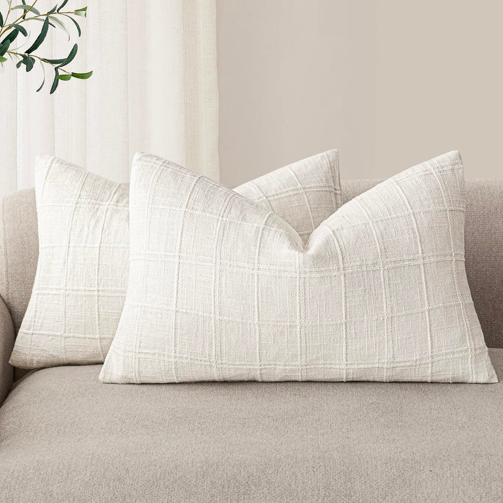 Foindtower Boho Linen Check Decorative Throw Pillow Cover 20×20 Olive Green