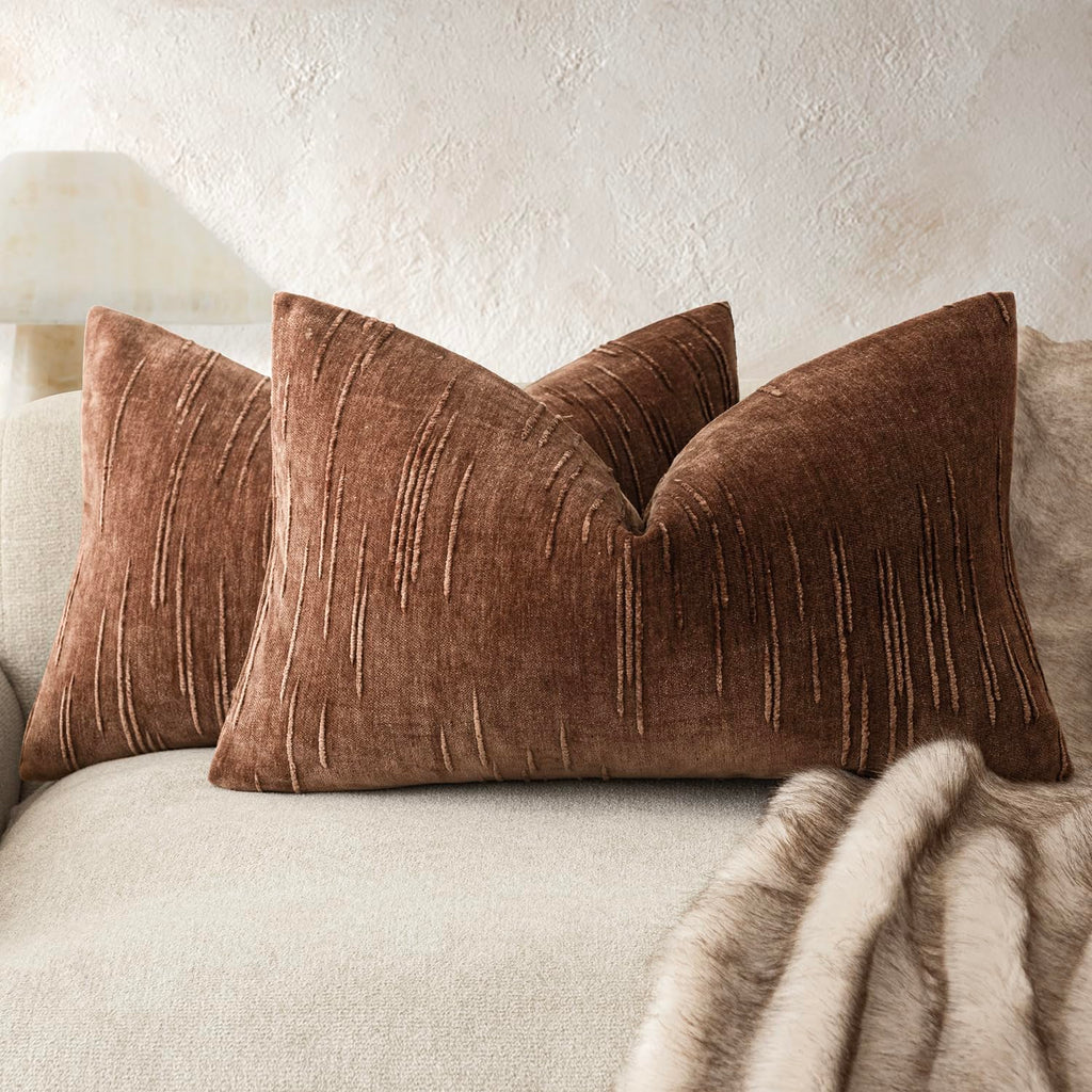 Foindtower Pack of 2 Slubby Textured Chenille Throw Decorative Pillow Covers Square Accent Solid Cushion Cover Neutral Farmhouse Pillow Case for Sofa Bedroom Living Room 18x18 Inch,Dark Olive Green