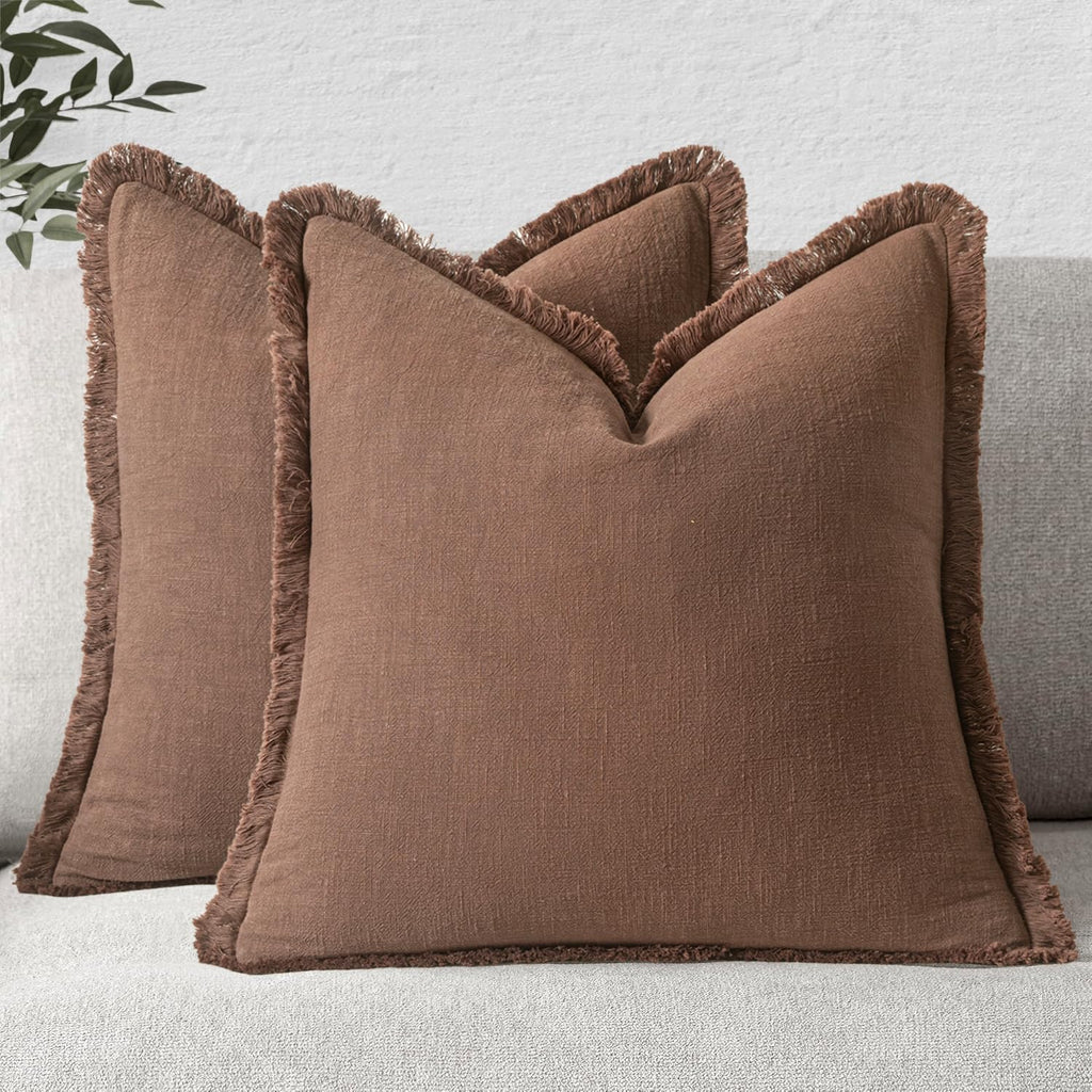 MIULEE Linen Fringe Decorative Throw Pillow Covers Natural Beige 20x20