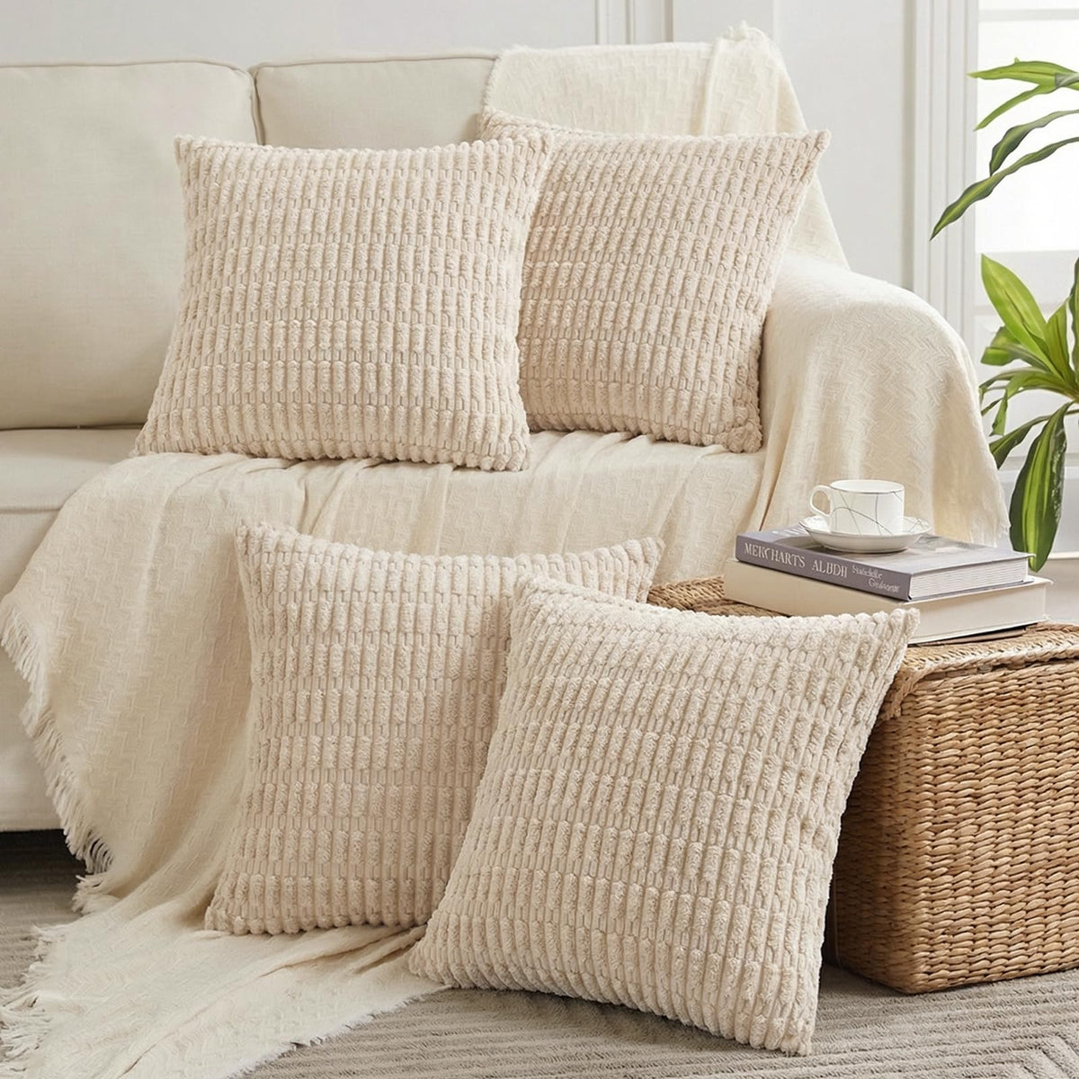 Fancy Homi 4 Packs Decorative Throw Pillow Covers for Living Room Couch Bed, Modern Farmhouse Boho Home Décor Accent Cushion Case, 18" x 18", Neutral