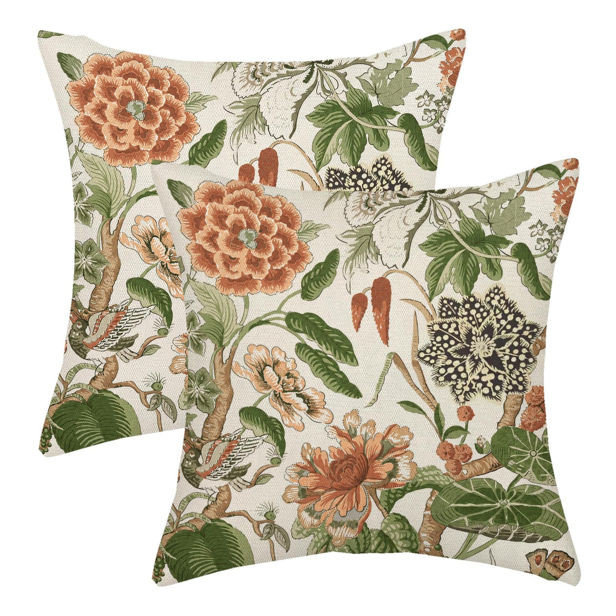 Chinoiserie Pillow Covers 18x18 Set of 2 Blue Green Bird Floral Throw Pillows Vintage Blue Flowers Decorations Outdoor Pillowcase Chinoiserie Decor Farmhouse Linen Cushion Case for Couch Home