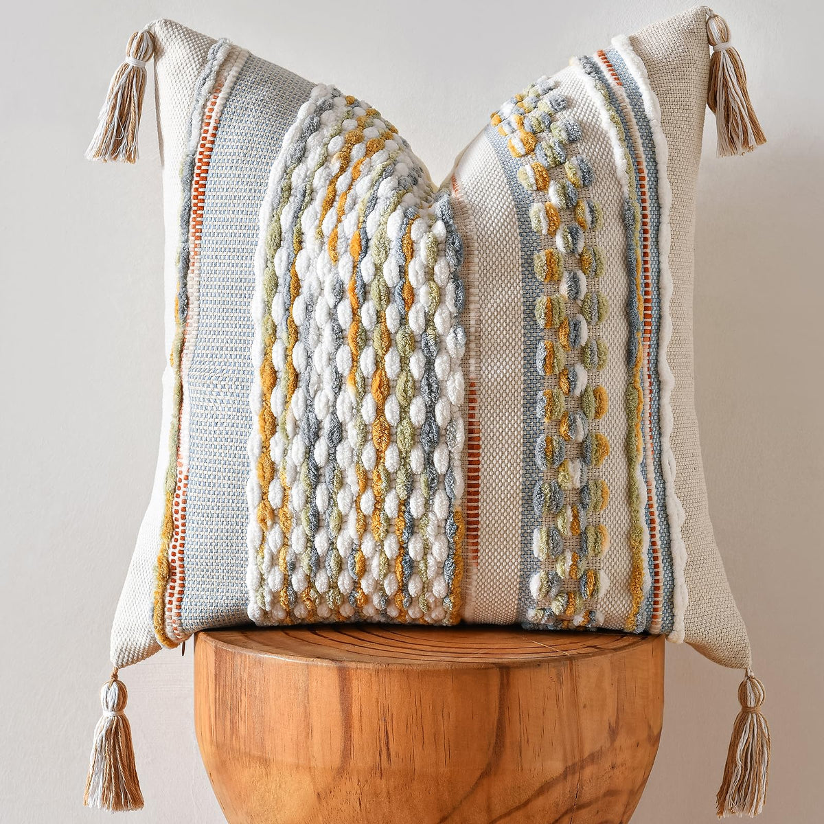 AmHoo Set of 2 Chenille Striped Textured Boho Throw Pillow Covers Aesthetic with Tassels Woven Decorative Pillow Case for Couch Bed Sofa Bedroom Modern Funky 18 x 18-Inch Brown